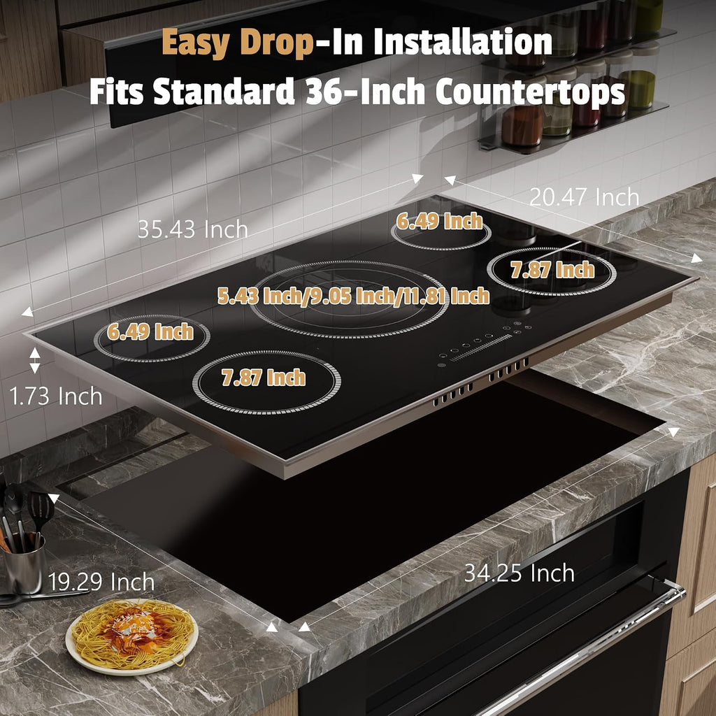 36 Inch Electric Cooktop, 5 Burner Stove Top with Slide Control, 9200W Electric Stove with Child Lock, Timer & Pause Function 36' Glass Cooktop, 220V Hard Wire(No Plug)