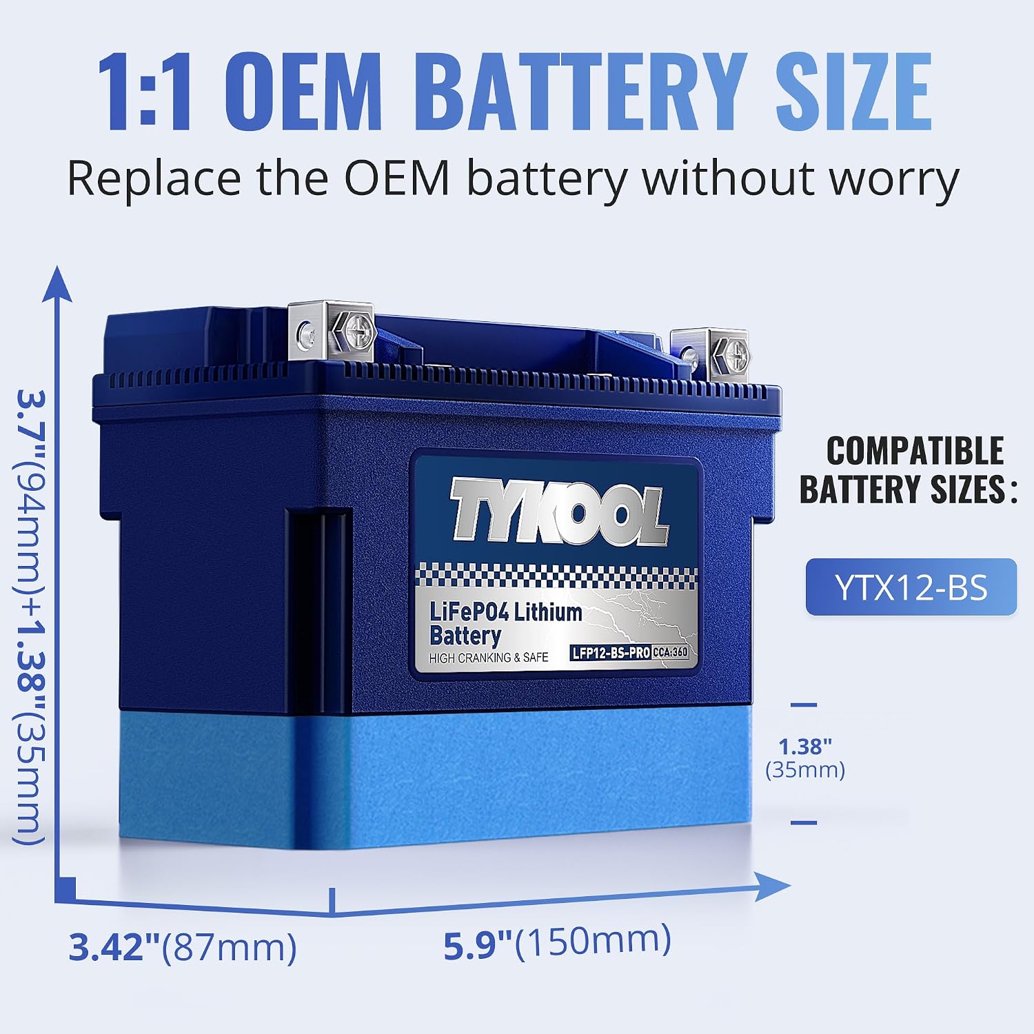 YTX12-BS High Performance LiFePO4 Lithium Motorcycle Battery,360CCA,12V 6Ah,Digital Readout,Fits for Honda TRX250 Recon,Suzuki LT-F250 Ozark,BRP (CAN-AM) DS250 ATV,Polaris RZR UTV,Vespa 300cc Scooter