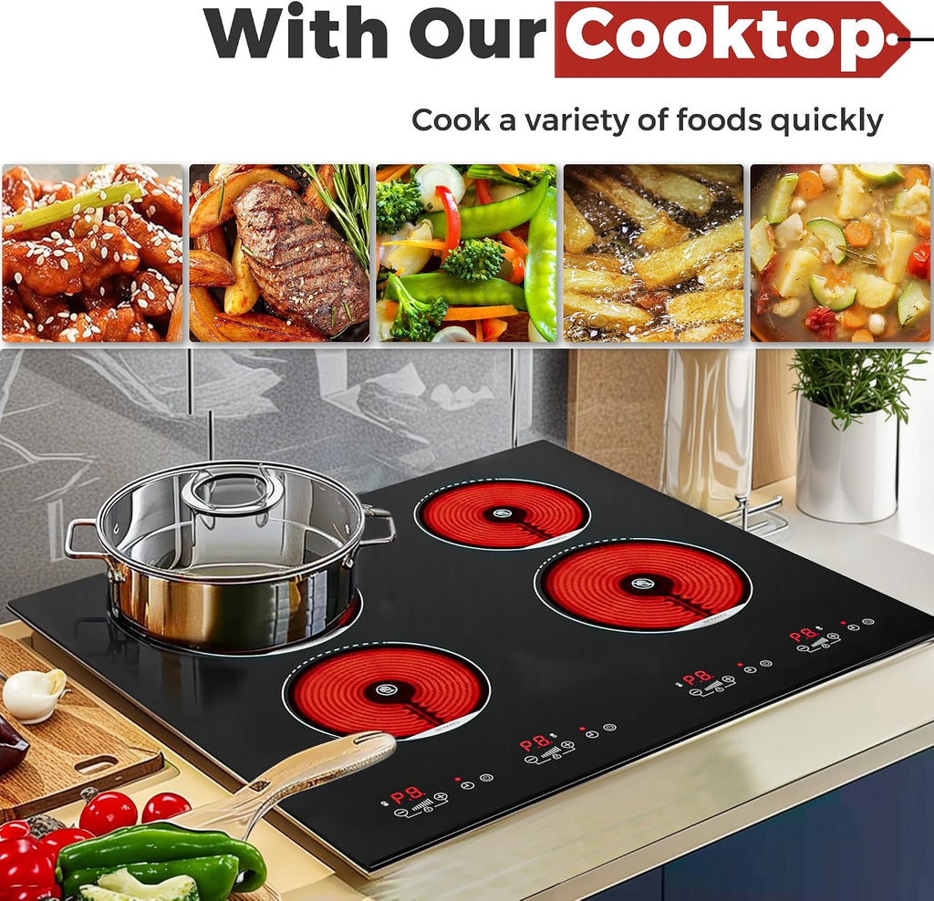 ADVWIN Electric Cooktop, 2 Burner Knob Control Plug in Built-in Ceramic Electric Stove Top with Child Safty Lock & Timer & Over-Temperature Protection & 10 Power Setting (4 burners)