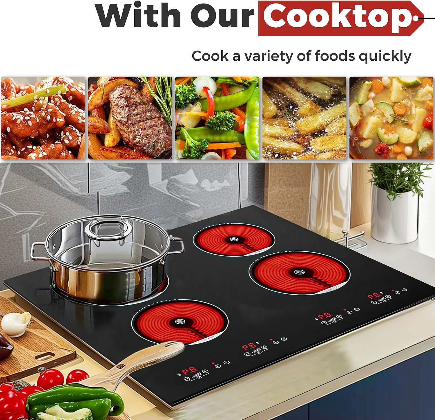 ADVWIN Electric Cooktop, 2 Burner Knob Control Plug in Built-in Ceramic Electric Stove Top with Child Safty Lock & Timer & Over-Temperature Protection & 10 Power Setting (4 burners)