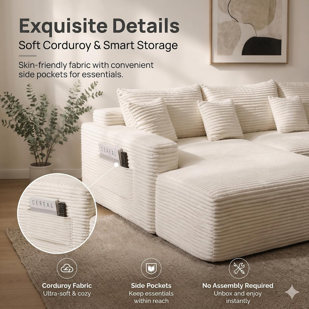 Modular Sectional Sofa Couches, 105' L-Shaped Cloud Boneless Couch with Left Chaise Lounge for Living Room | No Assembly Required | Corduroy Fabric, Beige