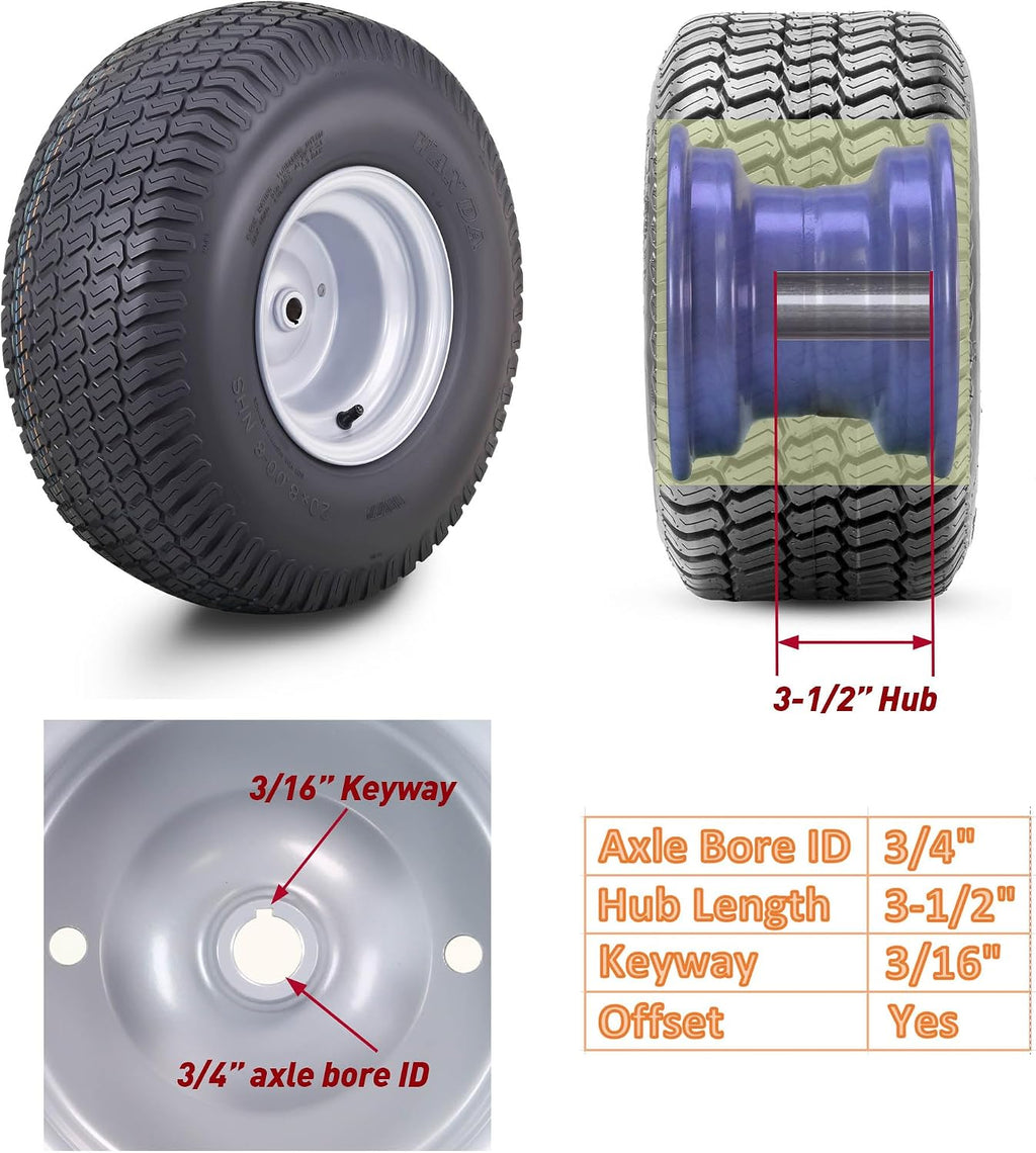 WANDA Lawn Mower Tractor Tire & Wheel 18X8.50-8 Lug with 3/4' Bushing 3/16' Keyway 3-1/2' offset Hub Silver Wheel-13079,PK 2