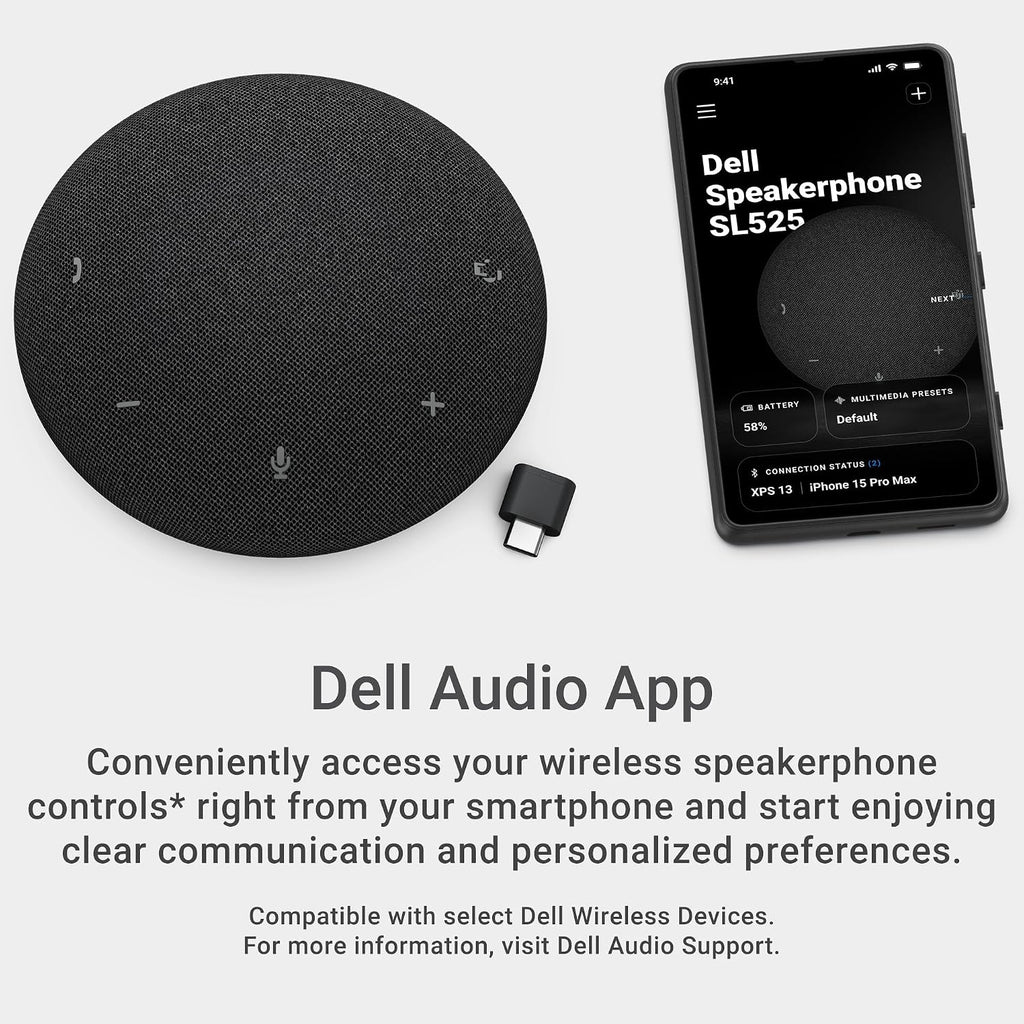 Dell Pro Plus Wireless Speakerphone - SL525 - USB-C, Zoom/Microsoft Teams Certified, Wired/Wireless, Bluetooth 5.3, Omni-Directional, AI-Based Noise Cancellation