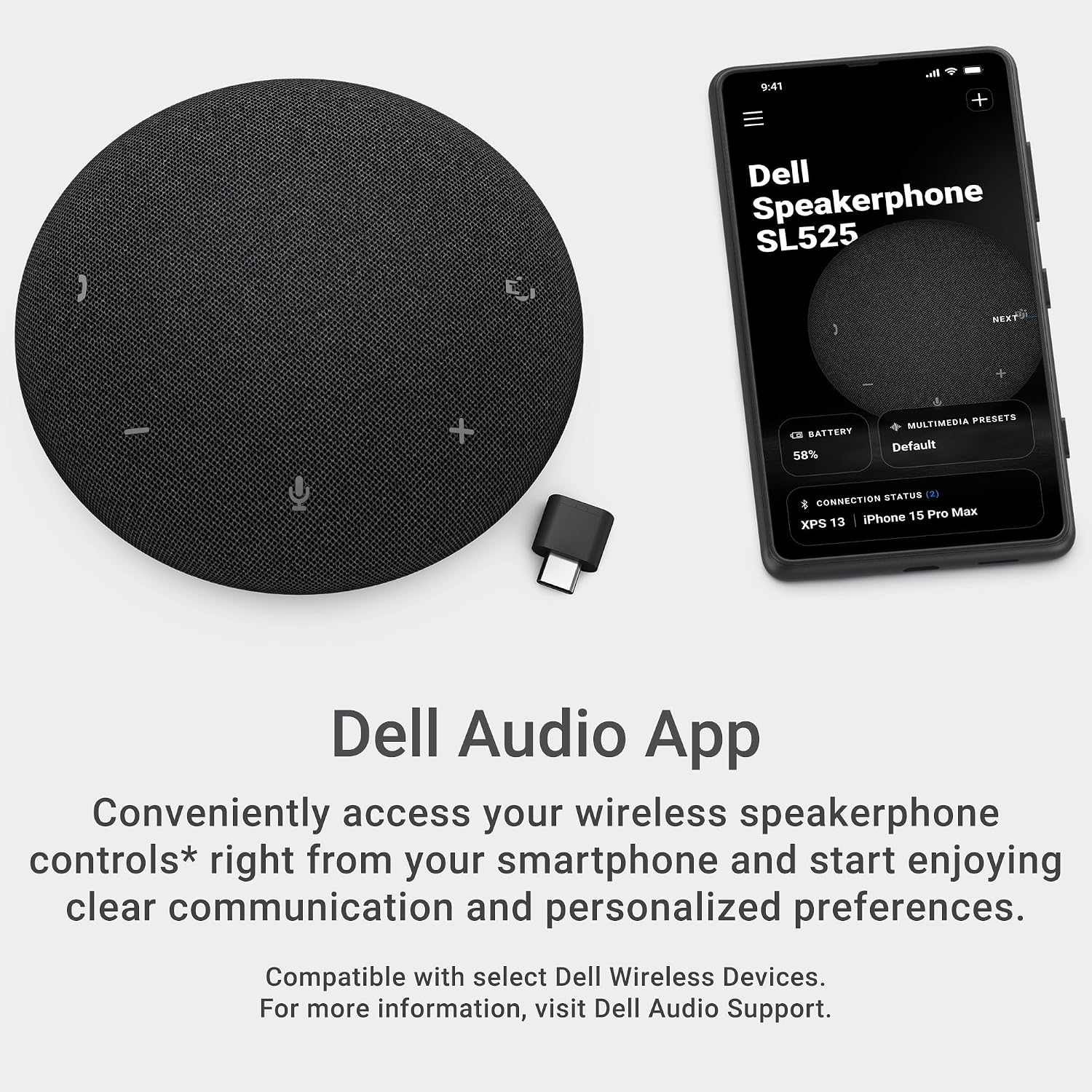 Dell Pro Plus Wireless Speakerphone - SL525 - USB-C, Zoom/Microsoft Teams Certified, Wired/Wireless, Bluetooth 5.3, Omni-Directional, AI-Based Noise Cancellation