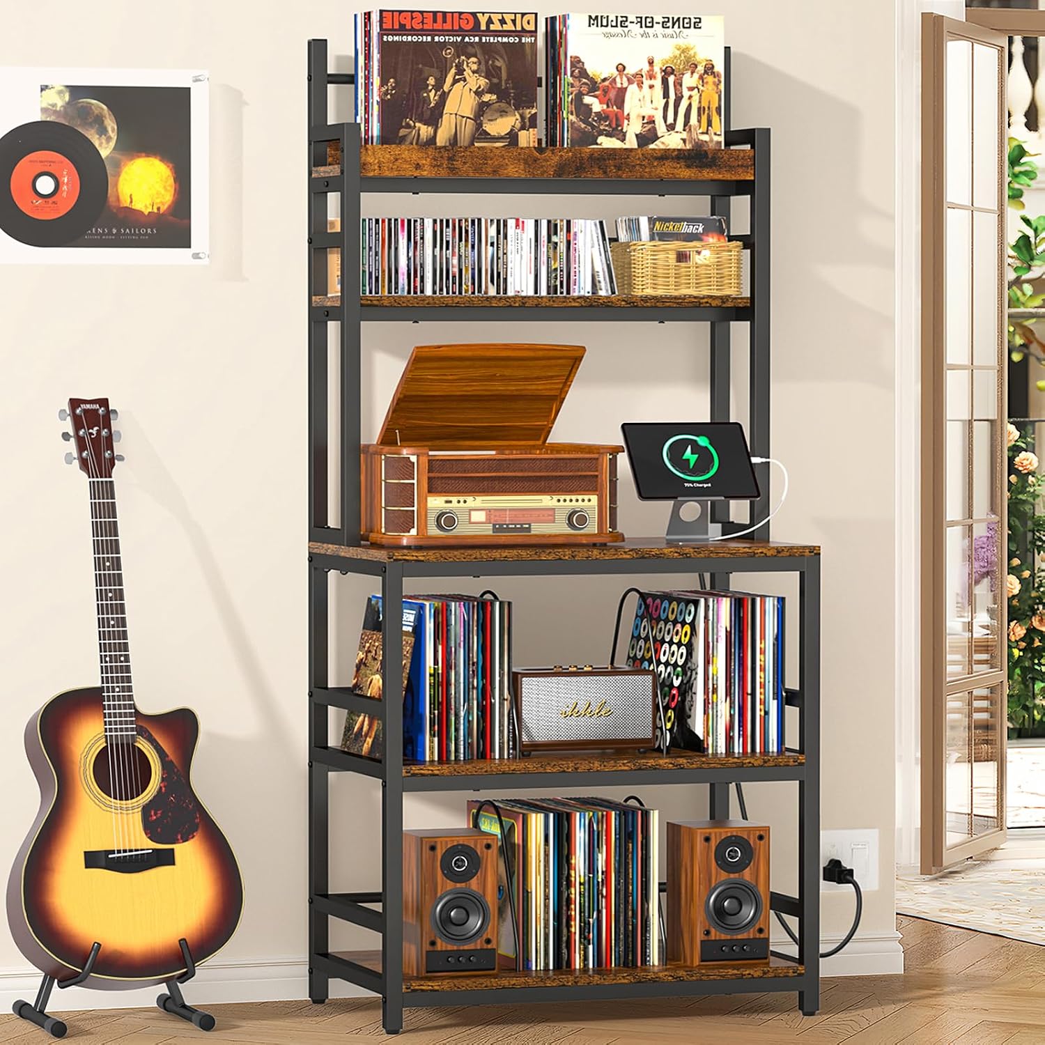 Record Player Stand with Vinyl Storage, 5-Tier Turntable Stand Holds Up 500+ Albums, Large Record Player Table with Charge Station & CD/DVD Storage Rack, Vinyl Record Stand for Living Room, Bedroom
