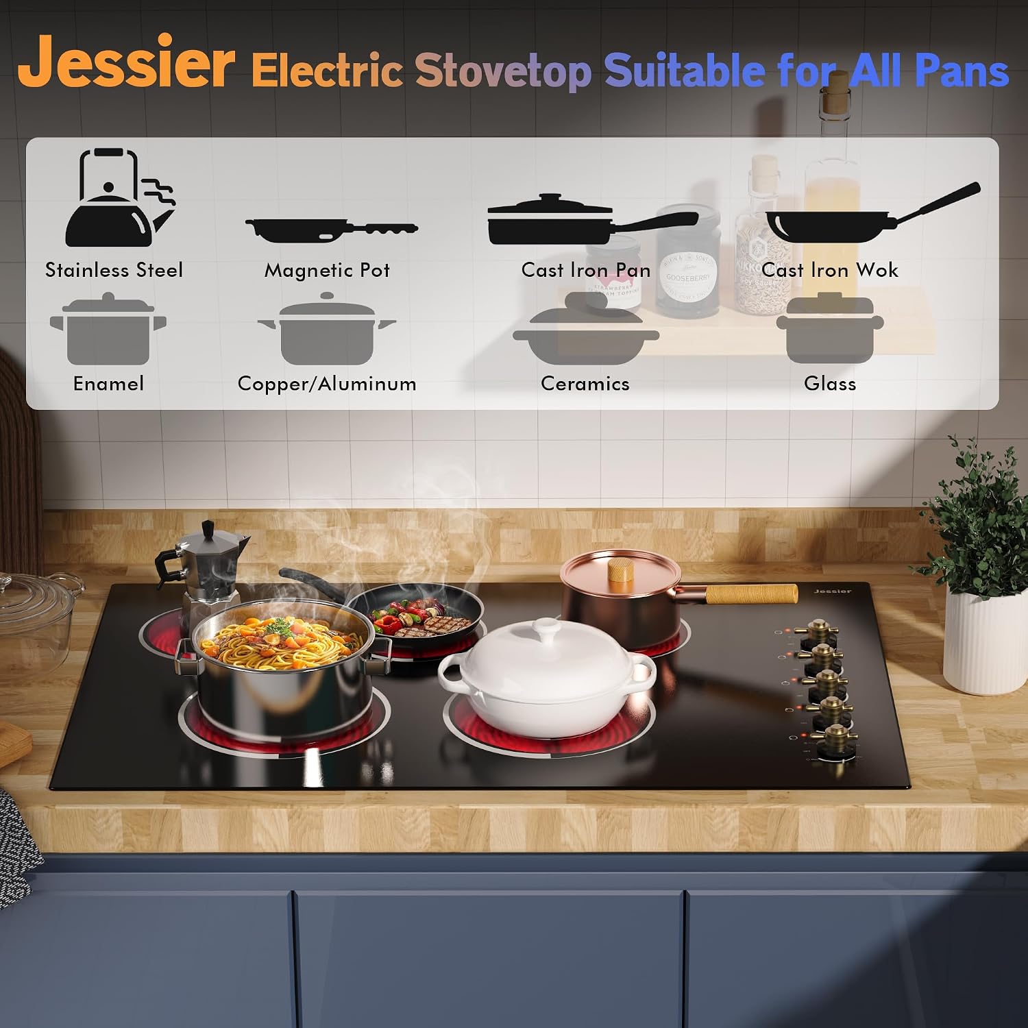 Electric Cooktop 36 Inch - Drop-in(34.25'x19.3') 5 Burner Electric Stove Top 8400W High Power, 36' Ceramic Cooktop Stove with Knob Touch, Dual Ring, Overheat Protection, 220-240V Hard Wired