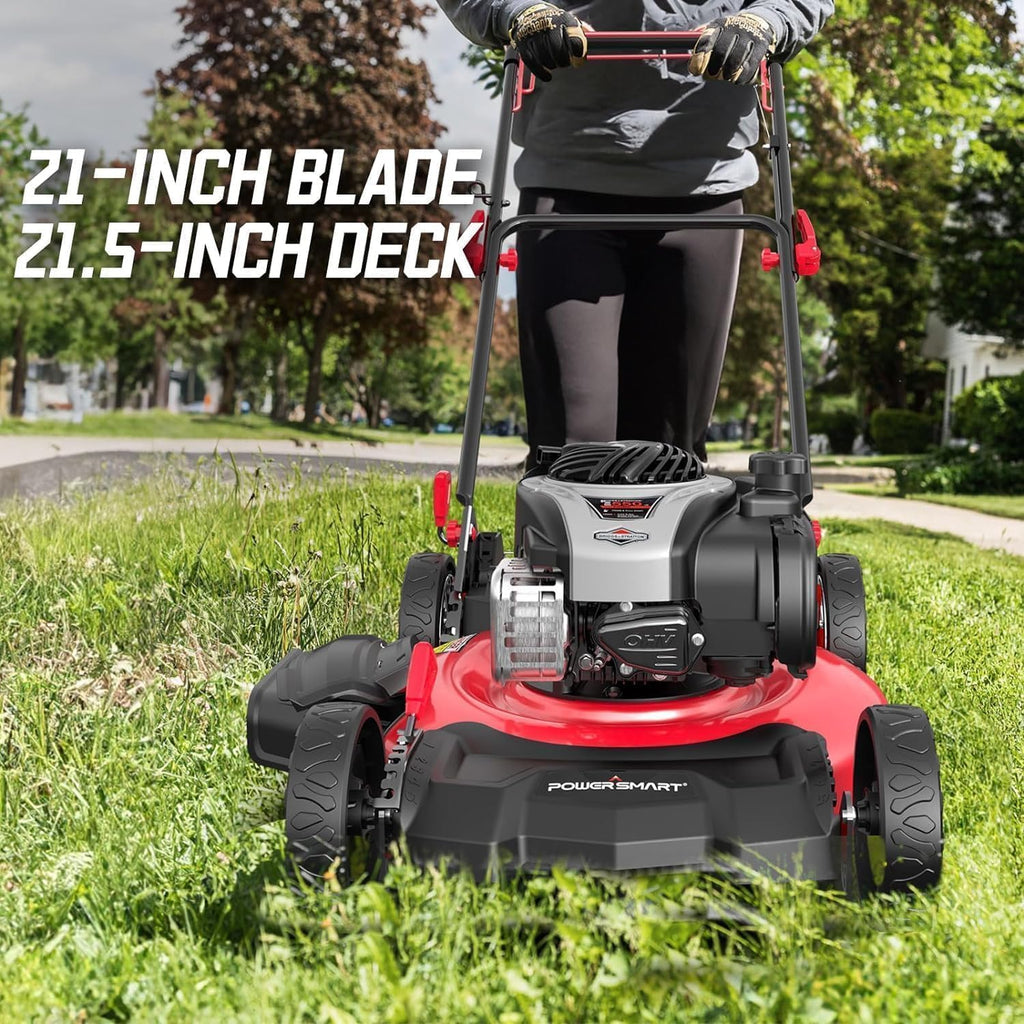 PowerSmart 21' 3-in-1 Gas Push Lawn Mower with 140cc 4-Stroke Engine - Wide Cutting Deck, 6 Height Adjustments, Mulching Capability