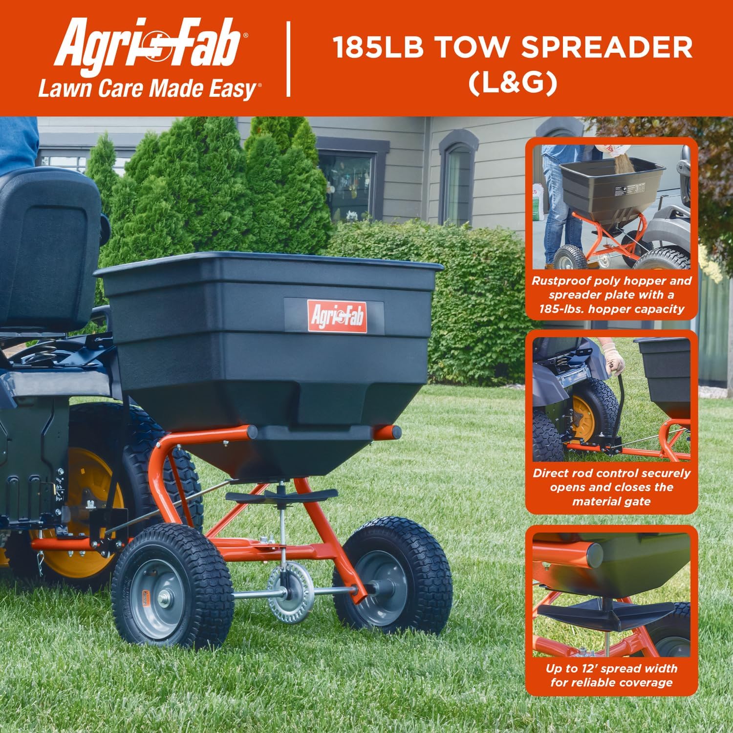 Agri-Fab 45-0547 185 lb. Tow-Behind Lawn & Garden Broadcast Spreader for Seed,Fertilizer,Salt,Ice Melt; Easy to use Flow Control from Seat of Riding Lawn Mower