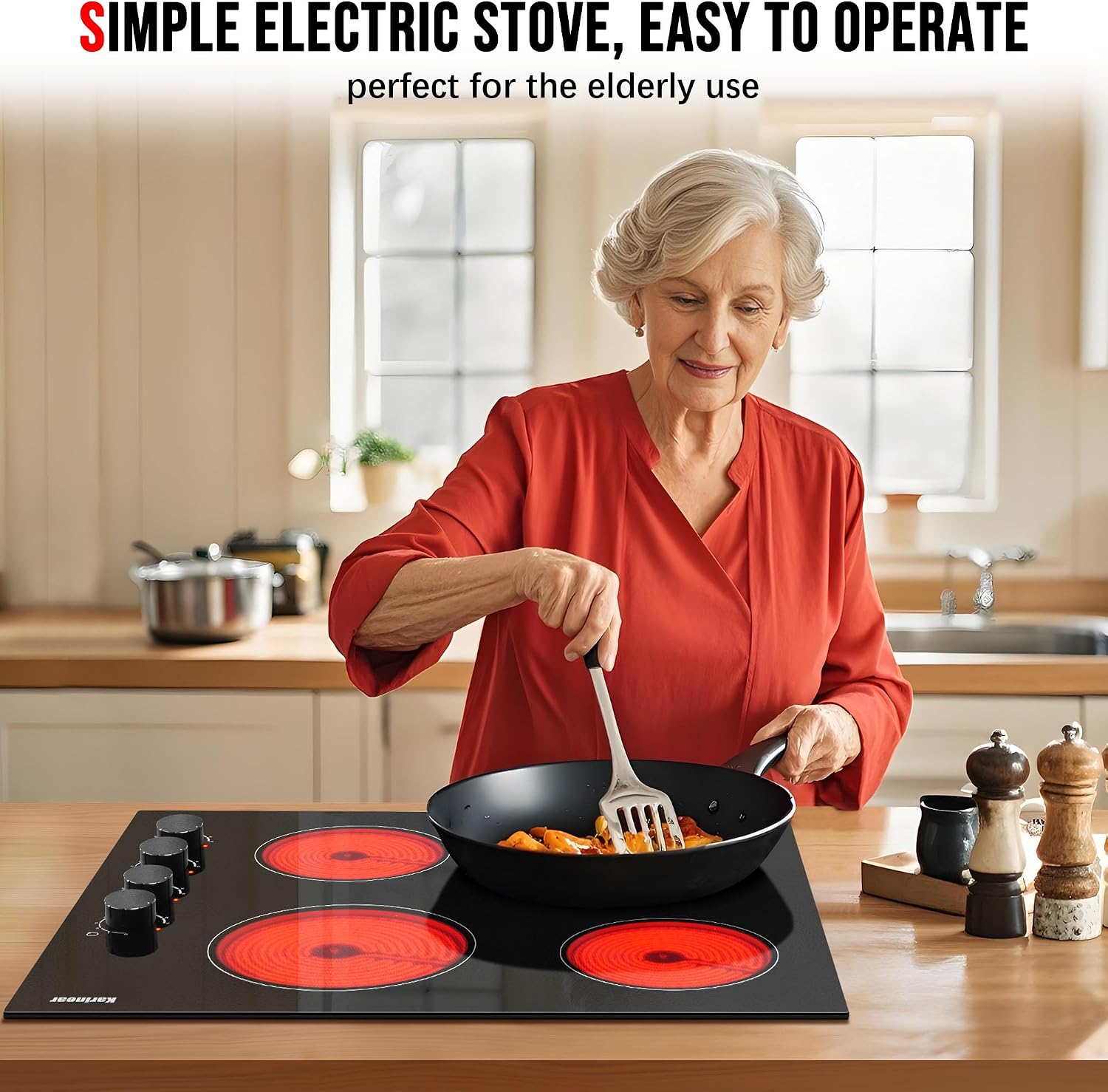 Karinear 4 Burner Electric Cooktop 24 Inch, Built-in Stove Top, 220-240v Radiant Cooktop with Knob Control, Residual Heat Indicator, Over-Temperature Protection, Hard Wire, Black Knob