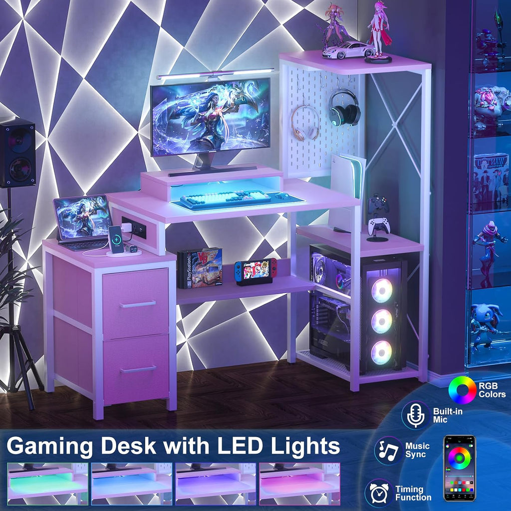 Small Gaming Desk with 2 Fabric Drawers - Reversible Computer Desk with Power Outlet & LED Lights, 49' Office Desk with Monitor Stand & Storage Shelves, Writing Study Table with Pegboard, Pink
