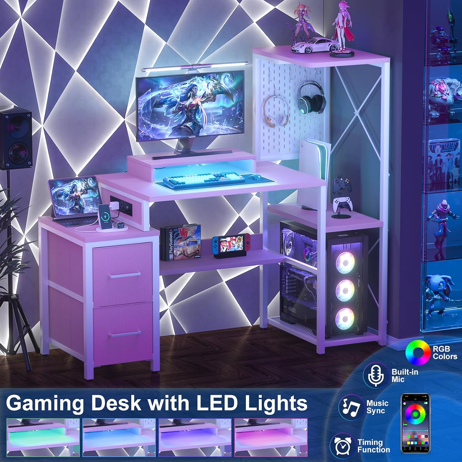 Small Gaming Desk with 2 Fabric Drawers - Reversible Computer Desk with Power Outlet & LED Lights, 49' Office Desk with Monitor Stand & Storage Shelves, Writing Study Table with Pegboard, Pink
