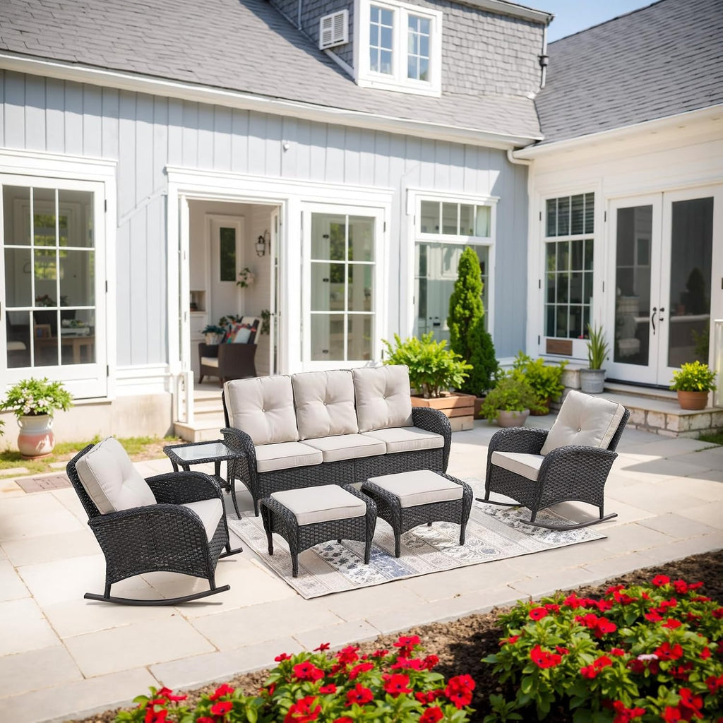 Belord Patio Rocking Chairs Furniture Set of 6, Outdoor Wicker Furniture Sets with Wicker Rocker, Small Patio Conversation Sets with Outdoor Couch Ottomans Black/Beige