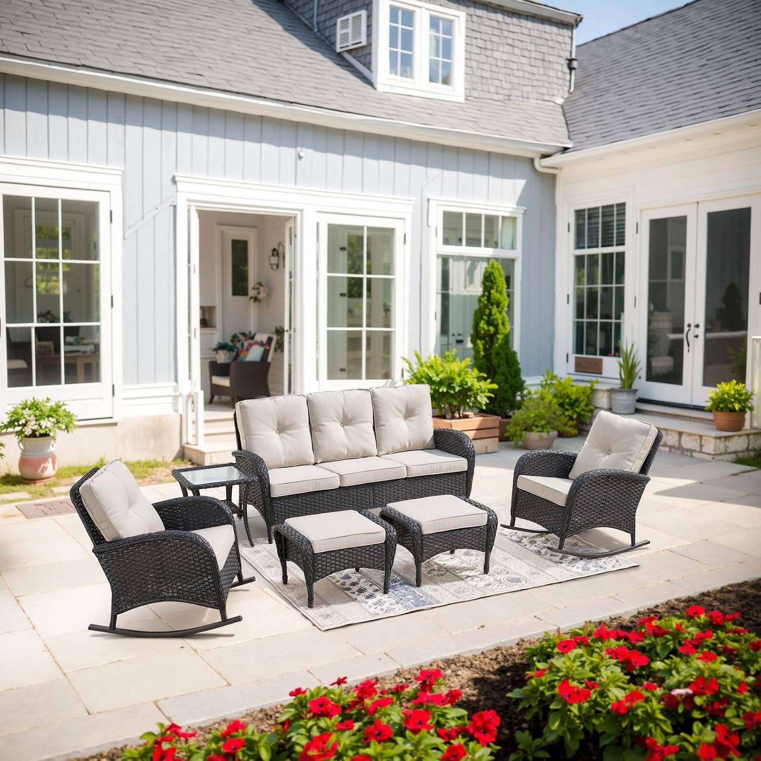 Belord Patio Rocking Chairs Furniture Set of 6, Outdoor Wicker Furniture Sets with Wicker Rocker, Small Patio Conversation Sets with Outdoor Couch Ottomans Black/Beige