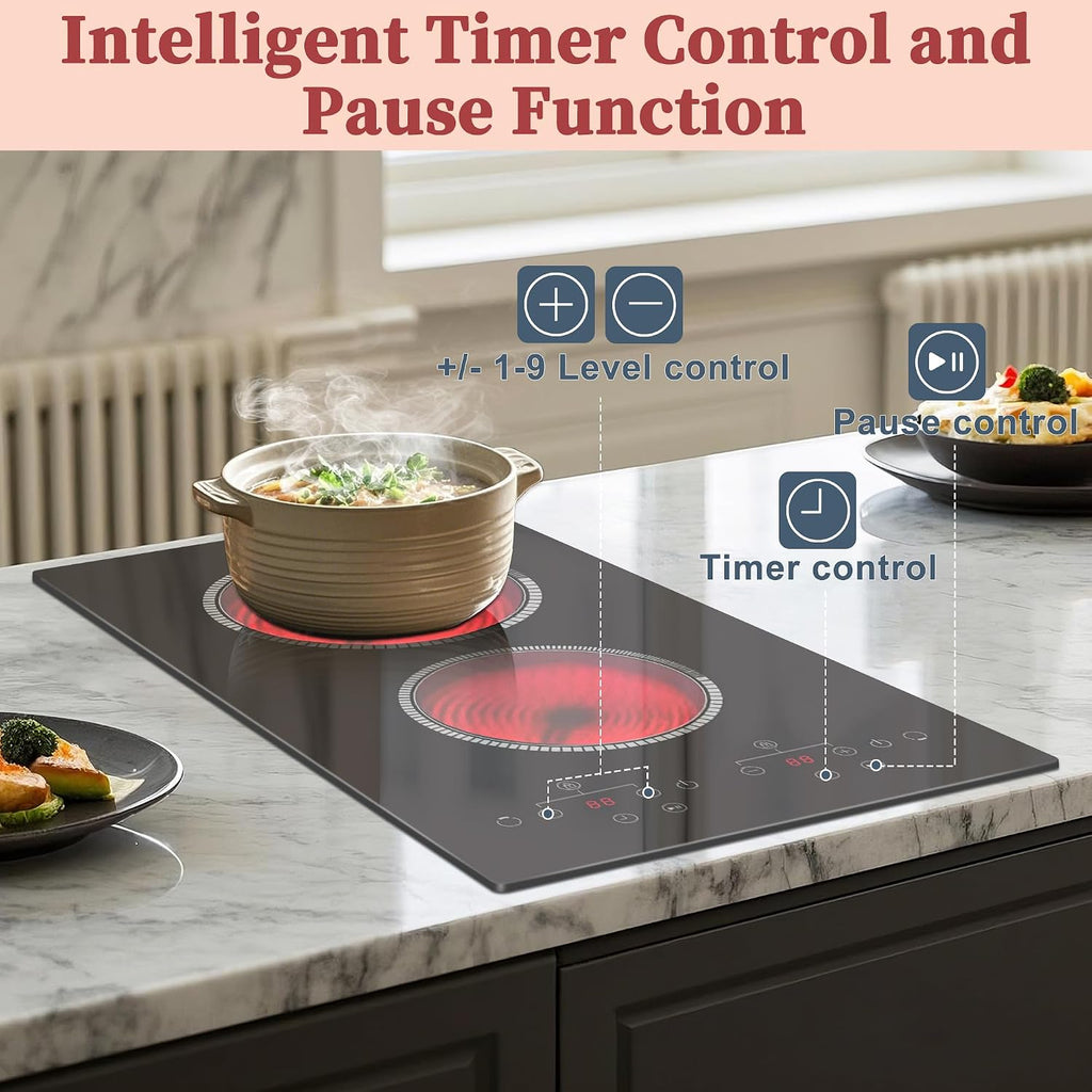 2 Burner Electric Cooktop, 120V Electric Stove Top Touch Control, 12 Inch Double Burner Countertop 2000W with Timer & 9-Level Adjustment, Child Lock, Built-in Radiant Plug In Stove Top Pladeca
