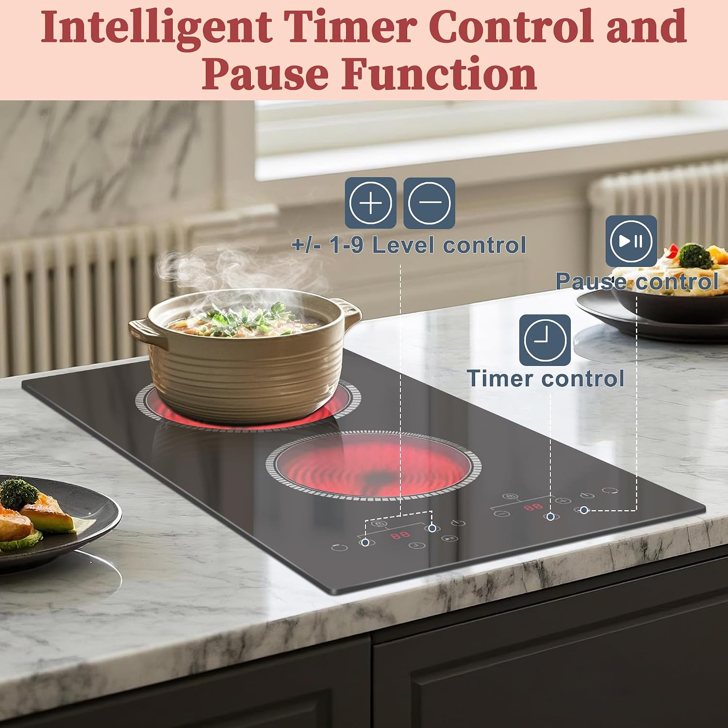 2 Burner Electric Cooktop, 120V Electric Stove Top Touch Control, 12 Inch Double Burner Countertop 2000W with Timer & 9-Level Adjustment, Child Lock, Built-in Radiant Plug In Stove Top Pladeca