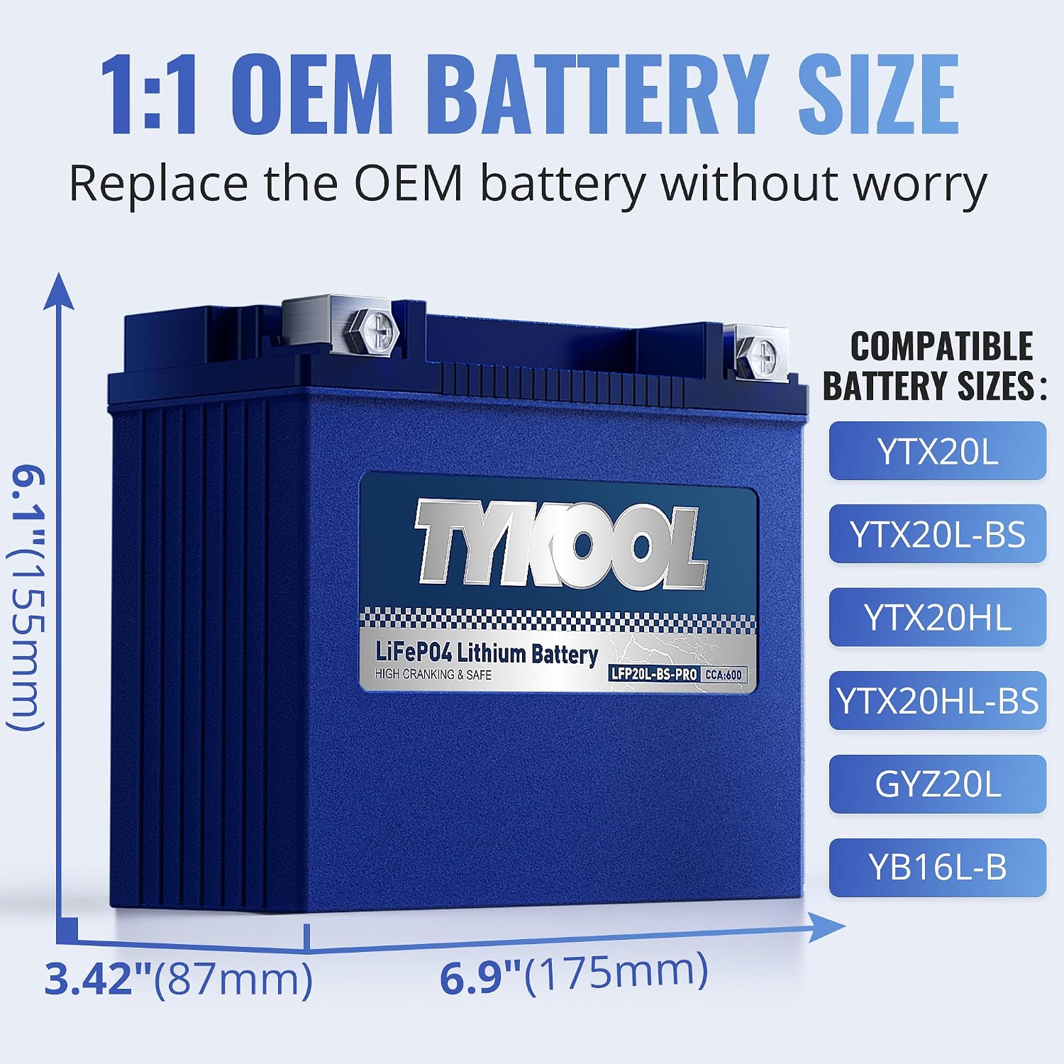 TYKOOL LFP20L-BS-PRO Lithium Motorcycle Battery, Replaces GYZ20L GYZ20HL YTX20HL-BS, 600CCA 12Ah Fits for Harley Road Glide Street Glide Softail,Sea-Doo 1500cc GT Series Yamaha 1800cc, Digital Readout