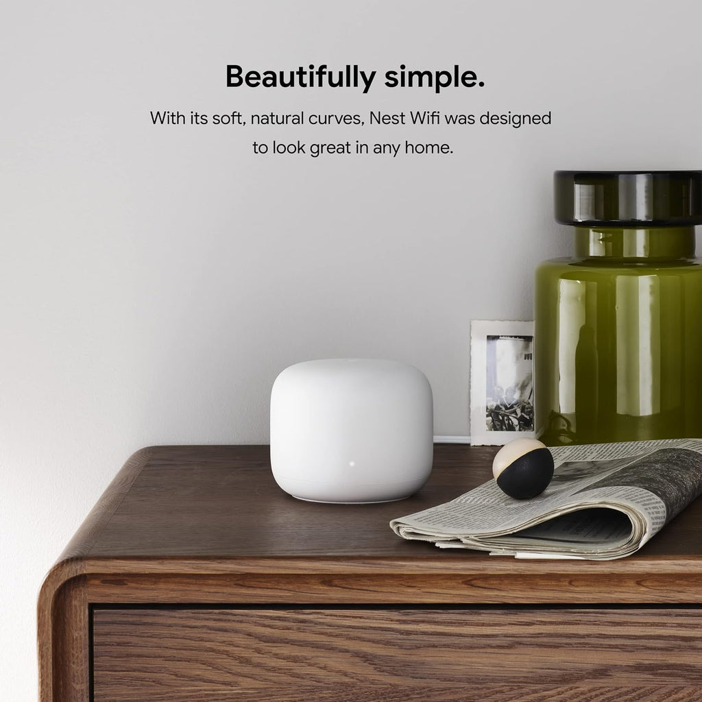 Google 2022 Nest WiFi Router and 2 Points - Mesh Router for Wireless Internet - Wi-Fi Extender with Smart Speaker - Works with Nest WiFi and Google WiFi Home Wi-Fi Systems - Snow (Renewed)
