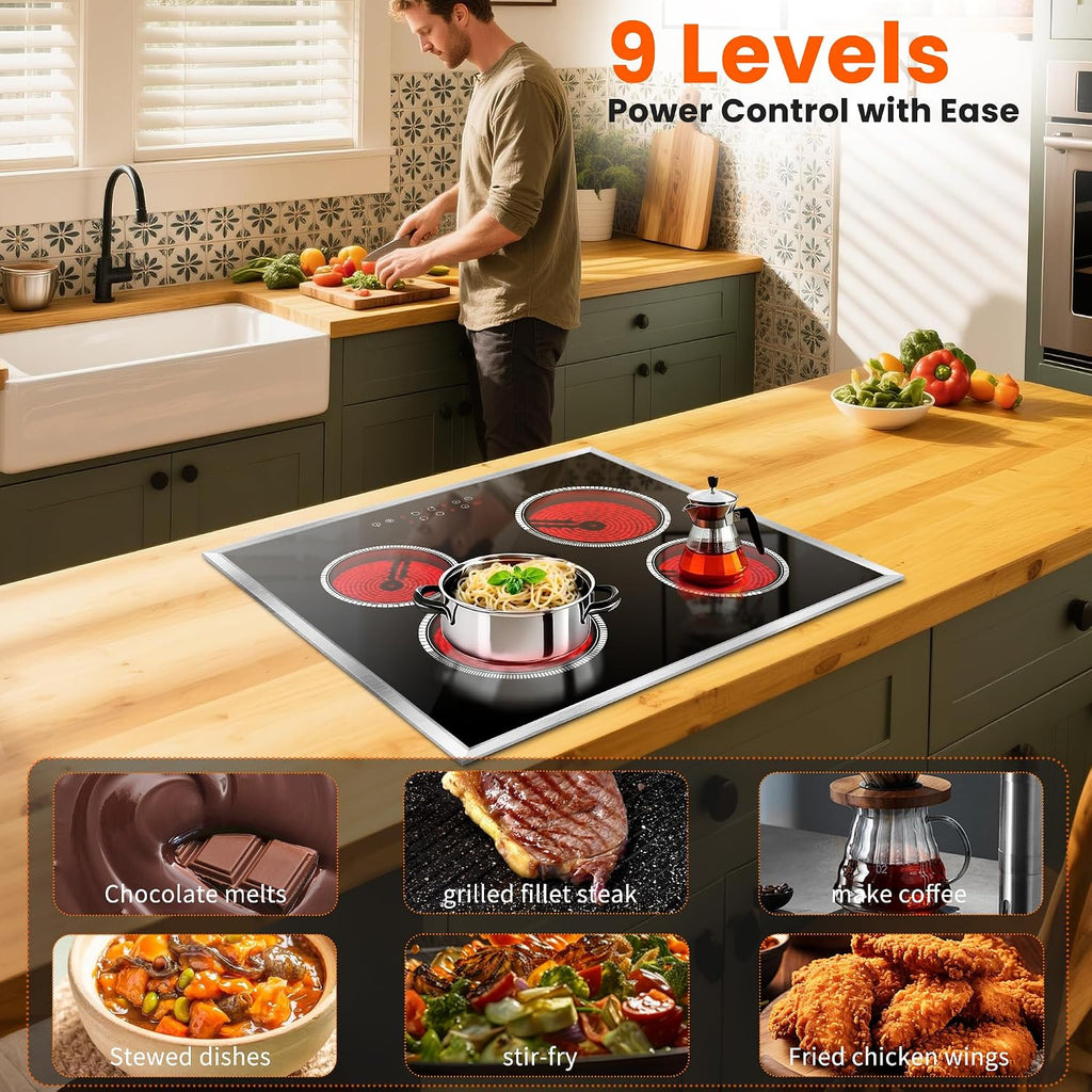 24 Inch Electric Cooktop 4 Burner Electric Stove, 6000W Built in Ceramic Stovetop with Touch Control 24', Timer, Child Lock, 9 Heating Level, 220-240v, Hard Wire(No Plug)