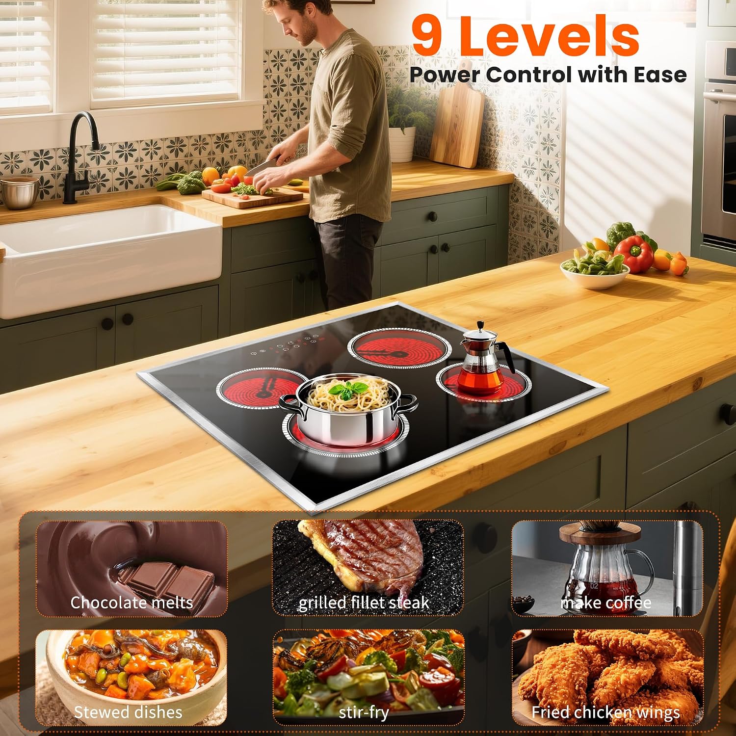 24 Inch Electric Cooktop 4 Burner Electric Stove, 6000W Built in Ceramic Stovetop with Touch Control 24', Timer, Child Lock, 9 Heating Level, 220-240v, Hard Wire(No Plug)