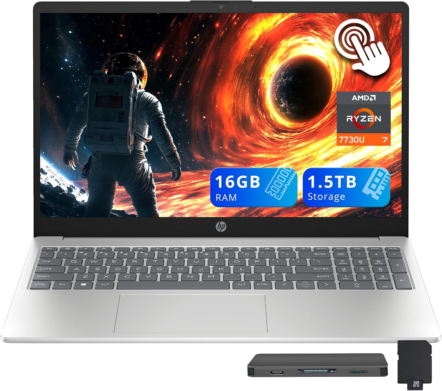HP 15.6' FHD IPS Touchscreen Laptop, AMD Ryzen 7 7730U, 16GB RAM, 1.5TB Storage (512GB SSD+1TB Docking Station Set), AMD Radeon Graphics, Numeric Keypad, 720p HD Camera, Wi-Fi 6, Win 11, Silver