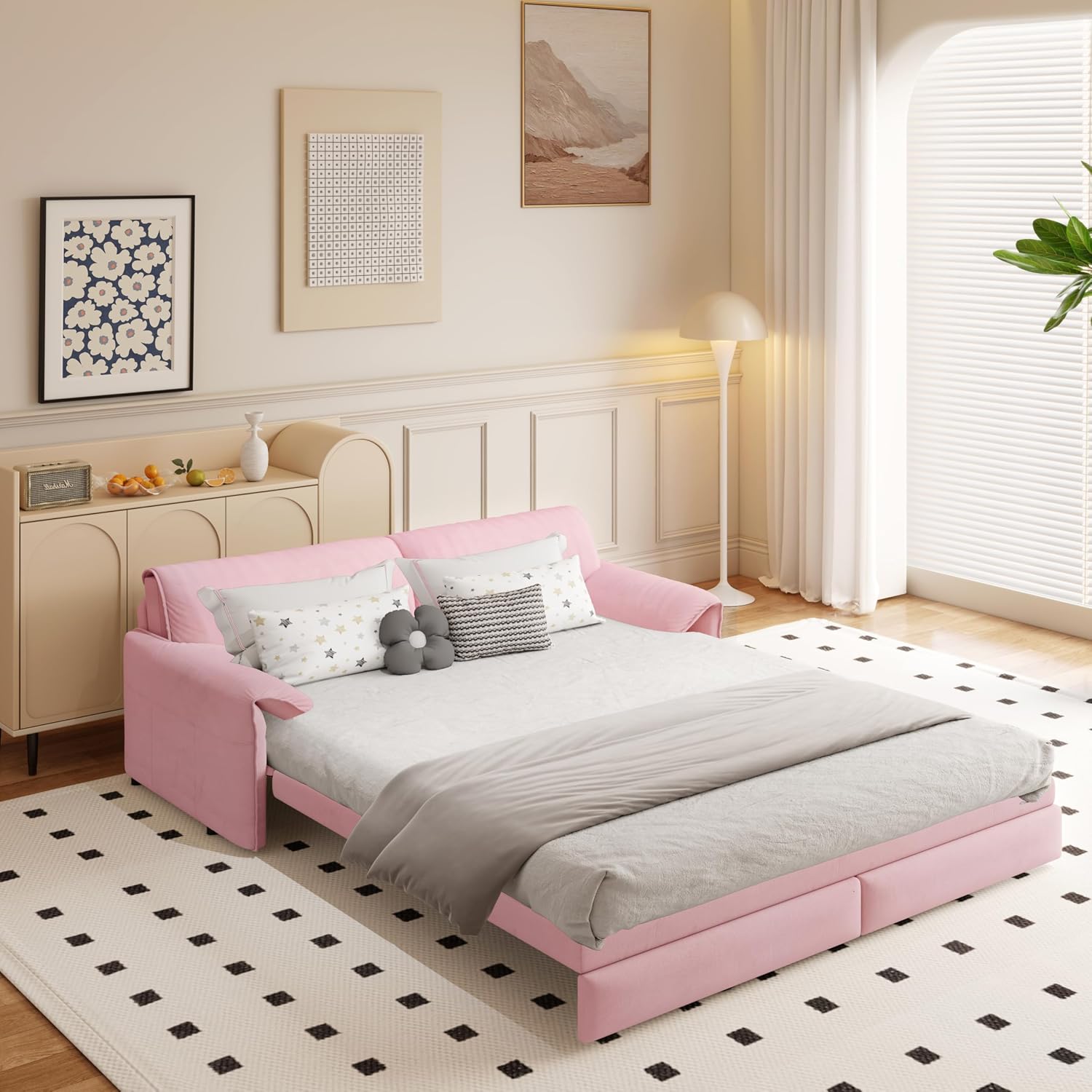 66' Convertible Queen Size Sleeper Sofa Couch Bed Pull Out Sleeper Sofabed for Living Room 3 in 1 Multi-Functional Oversized Cloud Futon Loveseat Recliner Lounge Chaise w/Side Storage,Soft Armrest