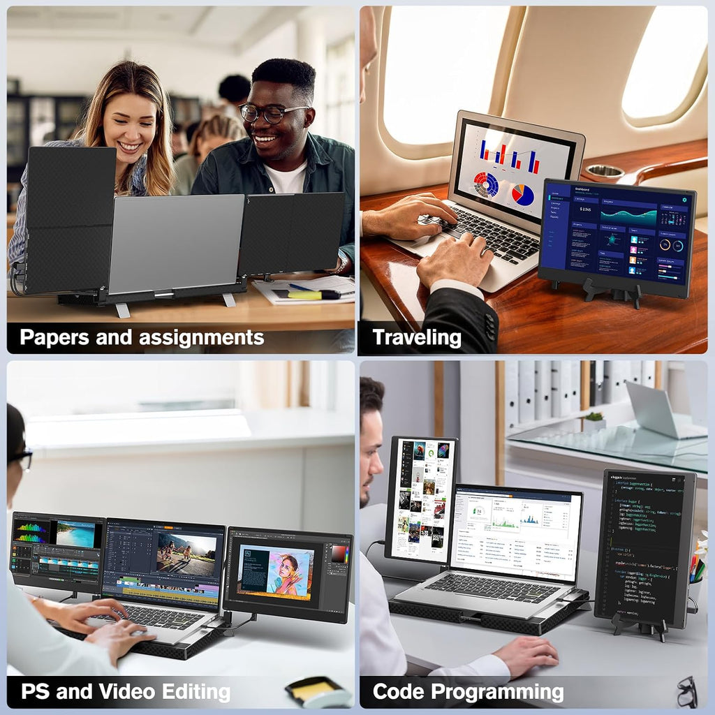 Laptop Triple Screen Extender - 14' Monitor IPS FHD 1080P HDMI USB-C Detachable Portable Display for 12-17.3 Inch Laptops Compatible with Windows Mac Chrome Surface Metal Base Travel Work Setup