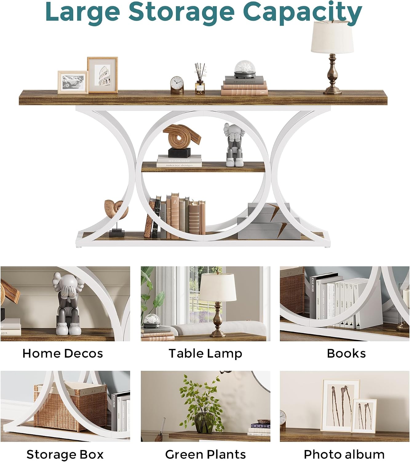 63 inch Extra Long Sofa Table, Rustic Industrial Entry Console Table, Behind Couch Table with Black Metal Frame, 3 Tier Storage Shelves for Hallway, Entryway & Living Room, Light Brown & White
