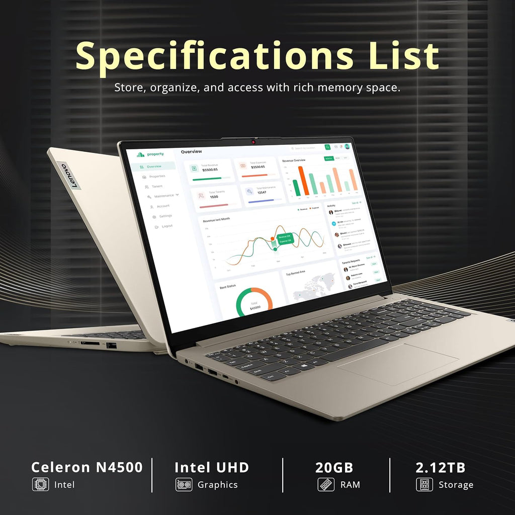 Lenovo IdeaPad 1 15.6' HD Business Laptop, Intel Celeron N4500, 20GB RAM, 1TB SSD+128GB eMMC, Intel UHD Graphics, Number Pad, 1 Year Office 365, Wi-Fi 6, Win 11, Sand, 1TB Docking Station Set