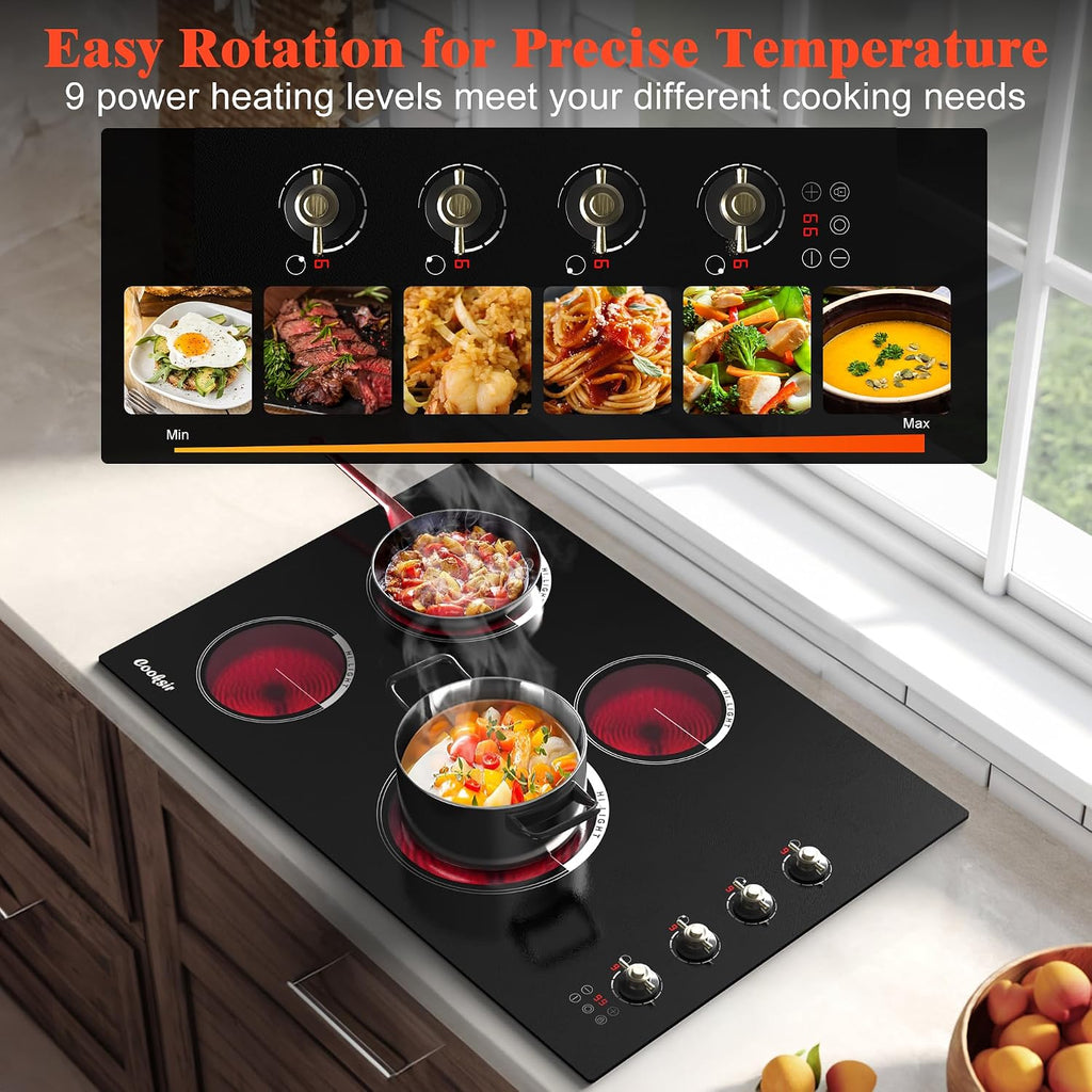 30 Inch Electric Cooktop - 4 Burner Built-in(29.13'x19.3') Ceramic Stove Top 6700W, 240V Electric Cooktop 30' Touch and Knob Control, Child Lock, Dual Ring, 99 Mins Timer, 220V Hard Wired