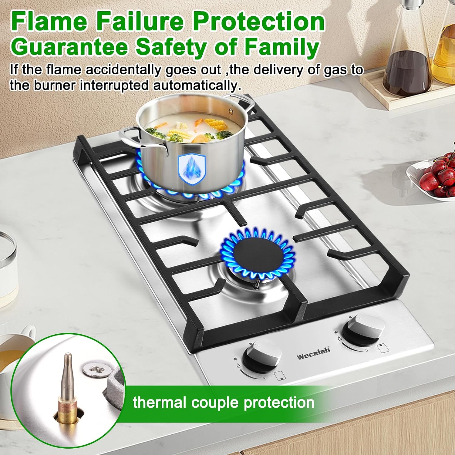 2 Burner Gas Cooktop, 12 Inch Built-in Gas Stove Top, NG/LPG Convertible Stainless Steel Propane Stove, Electronic Auto Ignition & Heavy-Duty Cast Iron Grates for Kitchen, Apartment, RV, Outdoor