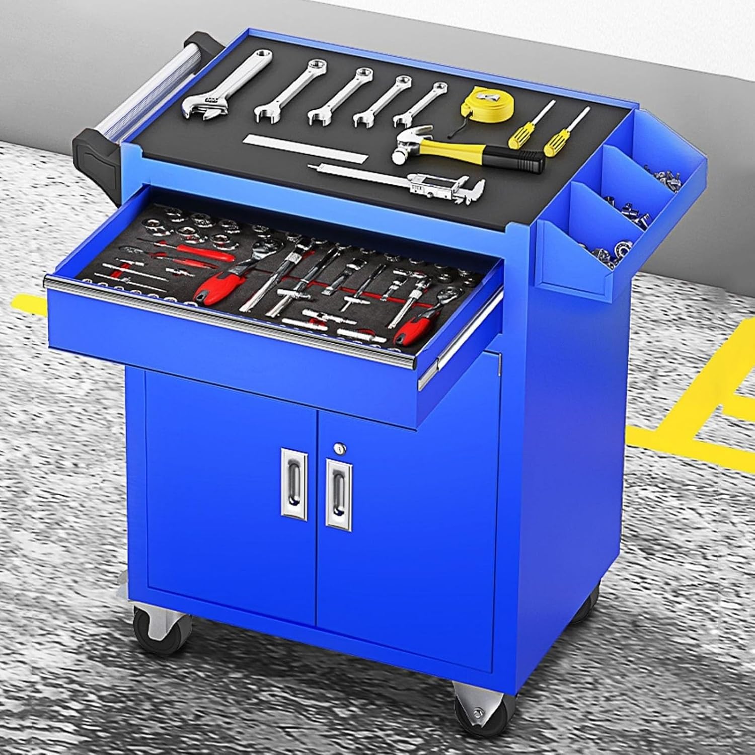 Tool Box Heavy-Duty Mobile Tool Cabinet - Industrial Steel Tool Cart with Wheels and 1 Drawers for Workshop and Repair Tool Storage(Blue)