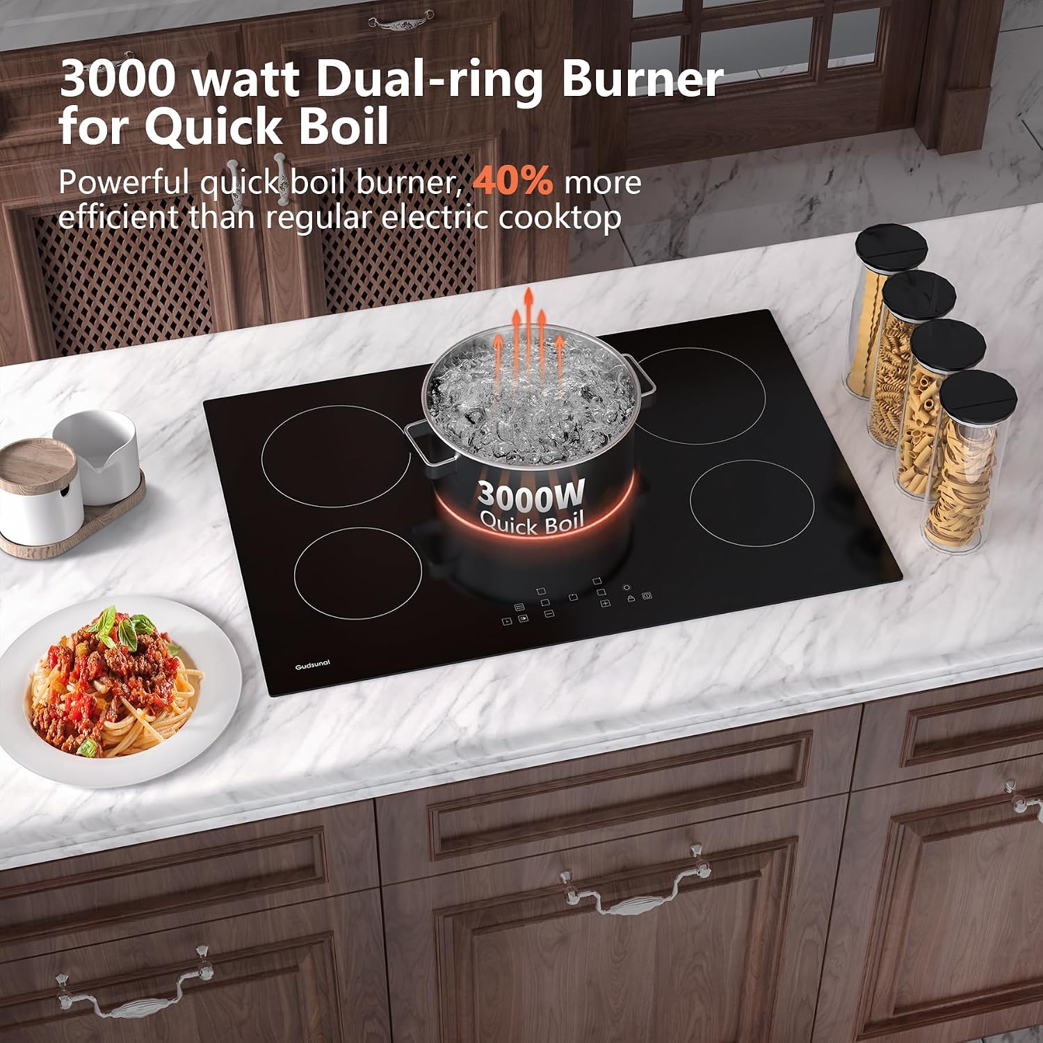 30 Inch Electric Cooktop 5 Burners,3000 Watt Dual-Ring Burner for Quick Boil,Shatterproof Glass, Keep Warm Setting, 9 Heating Level,9000W, Drop-in Electric Stove Top,Gray