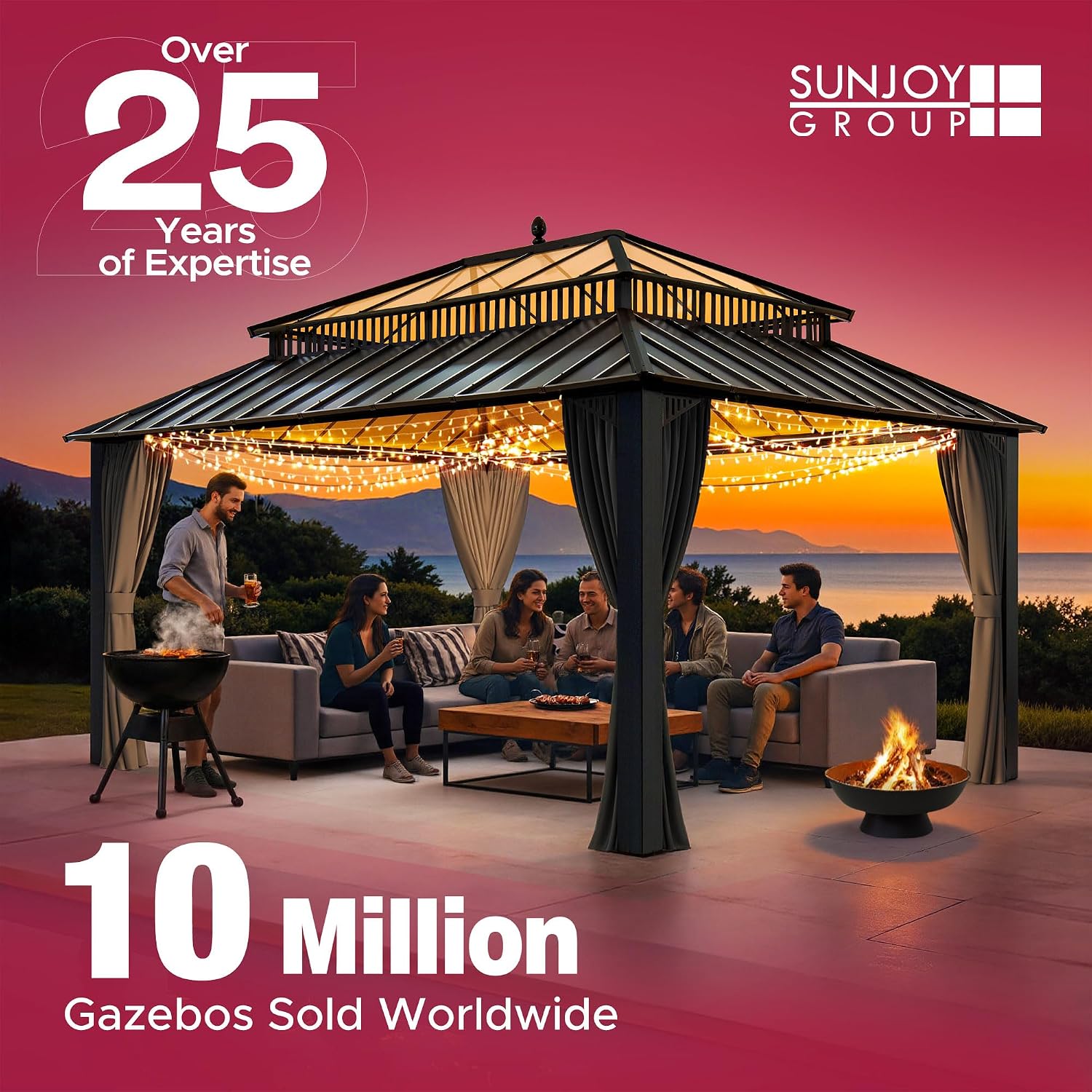SUNJOY Kingston 12' x 12' Hardtop Wood Gazebo with Galvanized Steel Double Roof, Curtain and Netting, Cedar Posts Permanent Pavilion Gazebo for Garden, Patio, Deck, Lawn