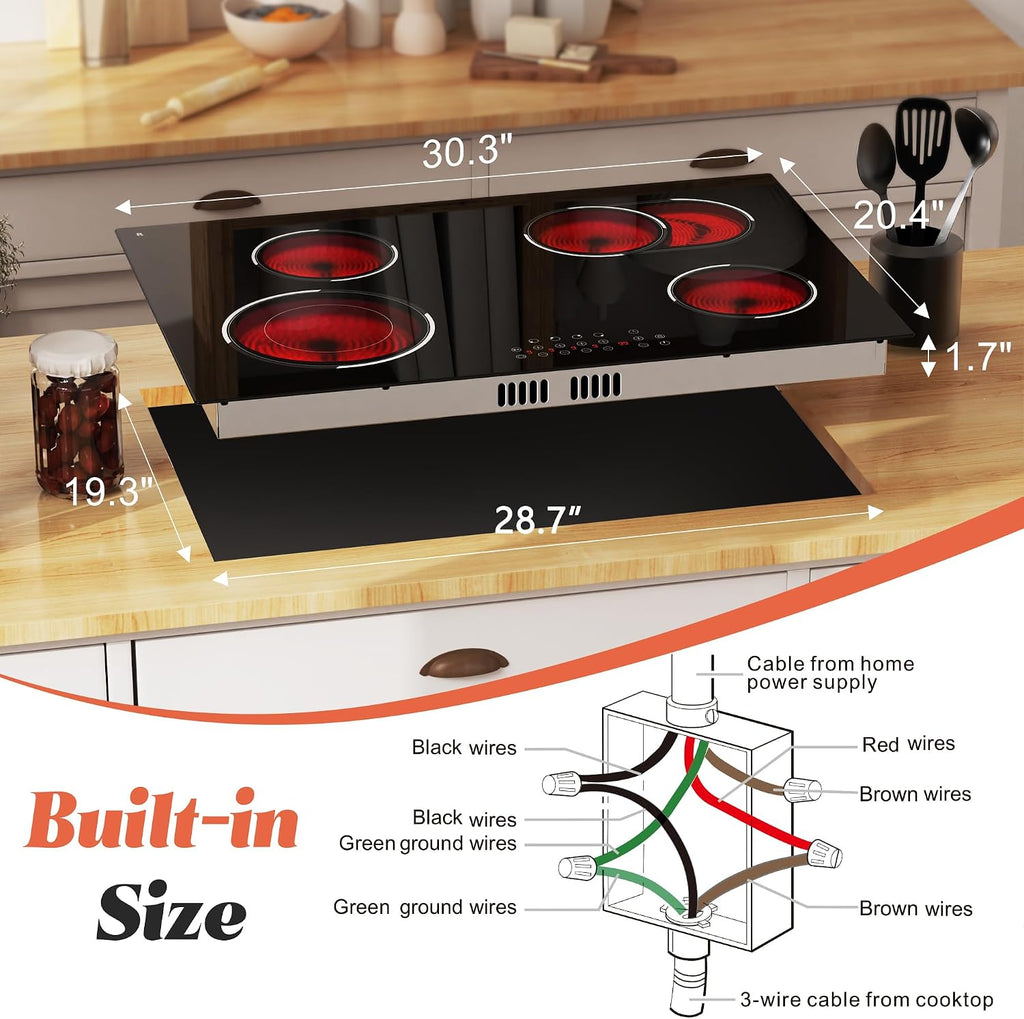4 Burner Electric Cooktop, Built-in 30 Inch Electric Stove Top 6600W, Ceramic Stove Top with Expanded Zone, Touch Control, Child Lock, Timer, Pause Control, 220V - 240V Hard Wire, No Plug