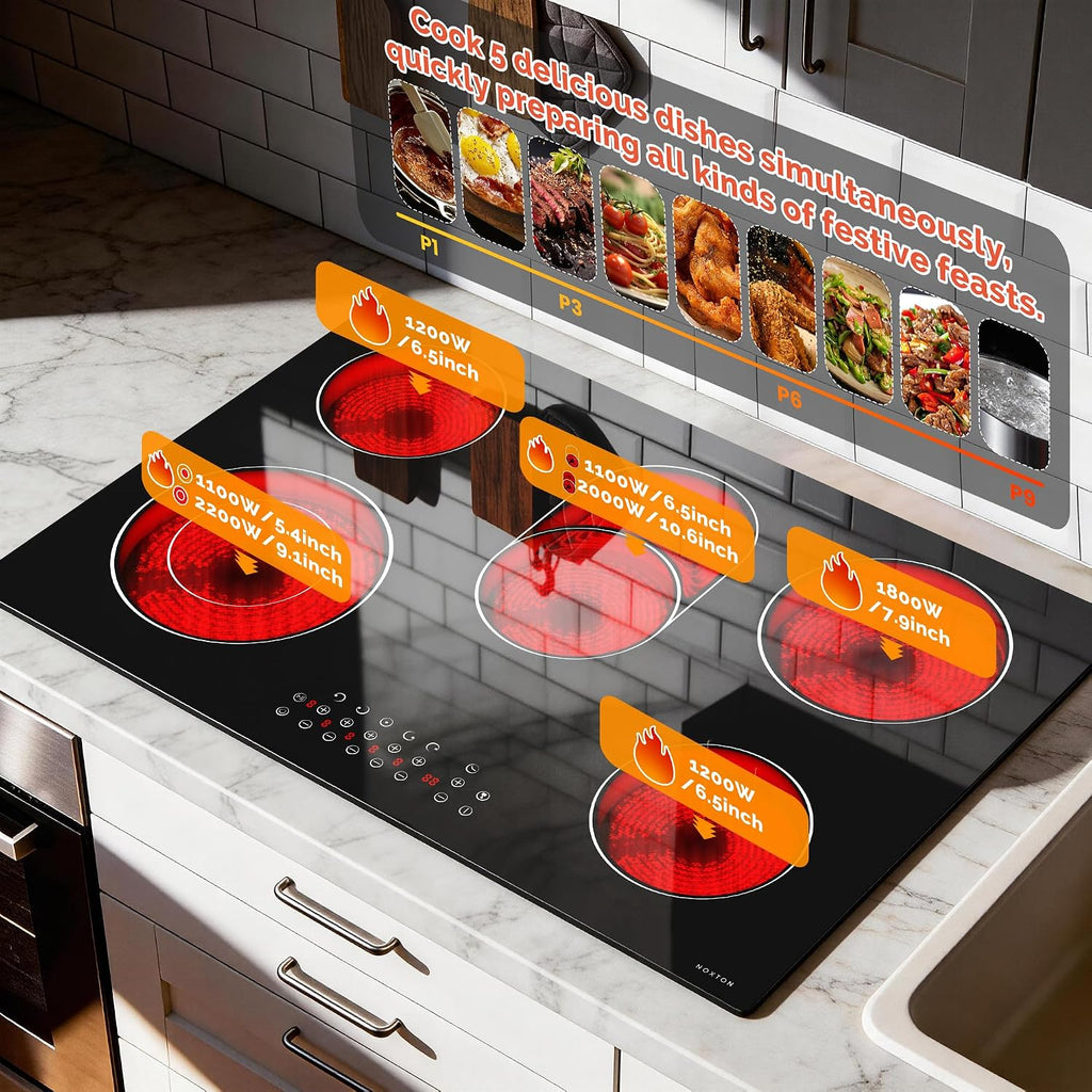 Noxton Electric Cooktop 30 Inch,8400W High Power 5 Burners Radiant Stove Top, Child Safety Lock, Timer, Pause, Hard Wire 240V, Drop-in Install
