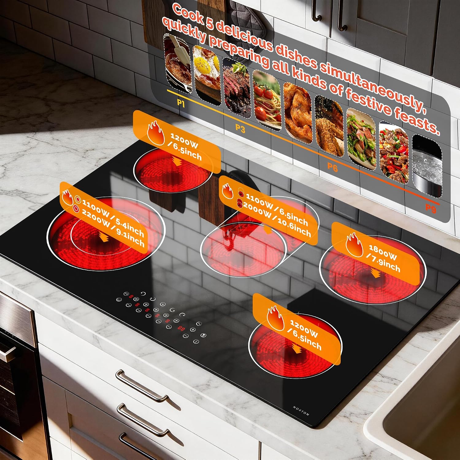 Noxton Electric Cooktop 30 Inch,8400W High Power 5 Burners Radiant Stove Top, Child Safety Lock, Timer, Pause, Hard Wire 240V, Drop-in Install