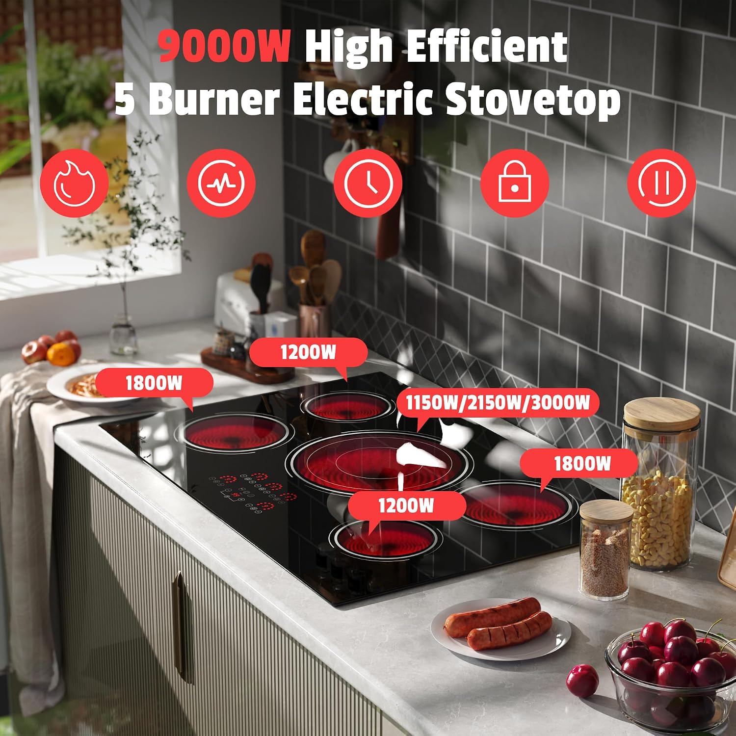 30 Inch Electric Cooktop - 9000W Powerful 5 Burner Electric Stovetop, 220V Built-in Ceramic Stove 30 Inches with Triple Ring, Timer, Safety Lock, Pause, 220V-240V Hard Wired (No Plug)