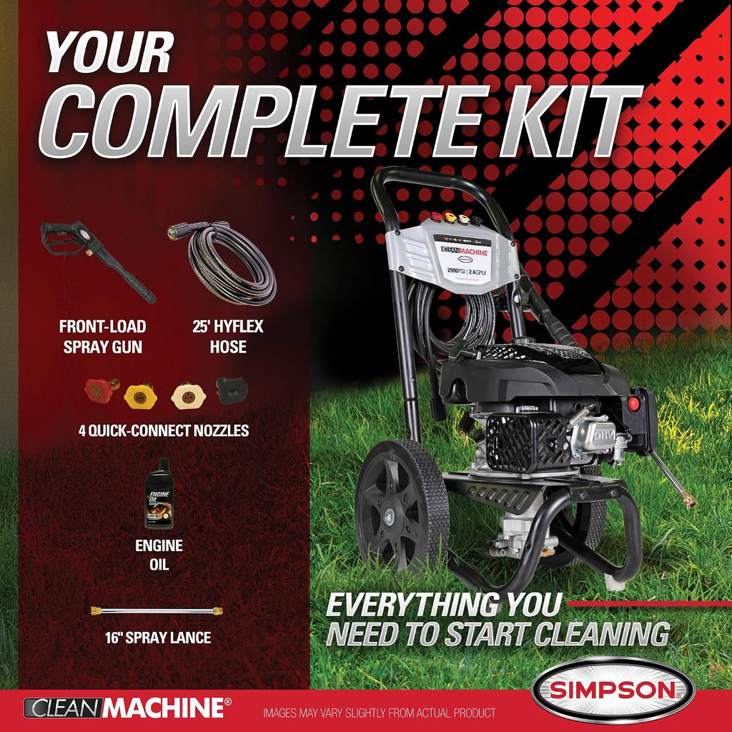 Simpson Cleaning 2900 PSI Gas Pressure Washer, 2.4 GPM Residential Power Washer with Siphon Hose, 25' Hose, Clean Machine, 49-State (CM61455)