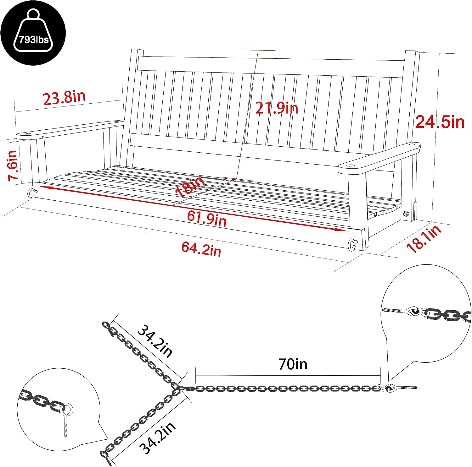 MUPATER Outdoor Patio Hanging Swing, 5FT Wooden Porch Swing with Chains, 3-Person Heavy Duty Swing Bench for Garden and Backyard, Black