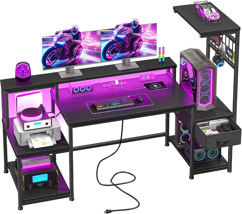 DurayLoly 55' Gaming Desk with LED Lights & Outlets,Computer Desk with Drawers & Monitor Stand,Gaming Table with 3 Storage Shelves, Hooks& Printer Space for Game&Study Room,Home Office,Bedroom,Black