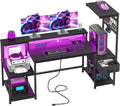 DurayLoly 55' Gaming Desk with LED Lights & Outlets,Computer Desk with Drawers & Monitor Stand,Gaming Table with 3 Storage Shelves, Hooks& Printer Space for Game&Study Room,Home Office,Bedroom,Black