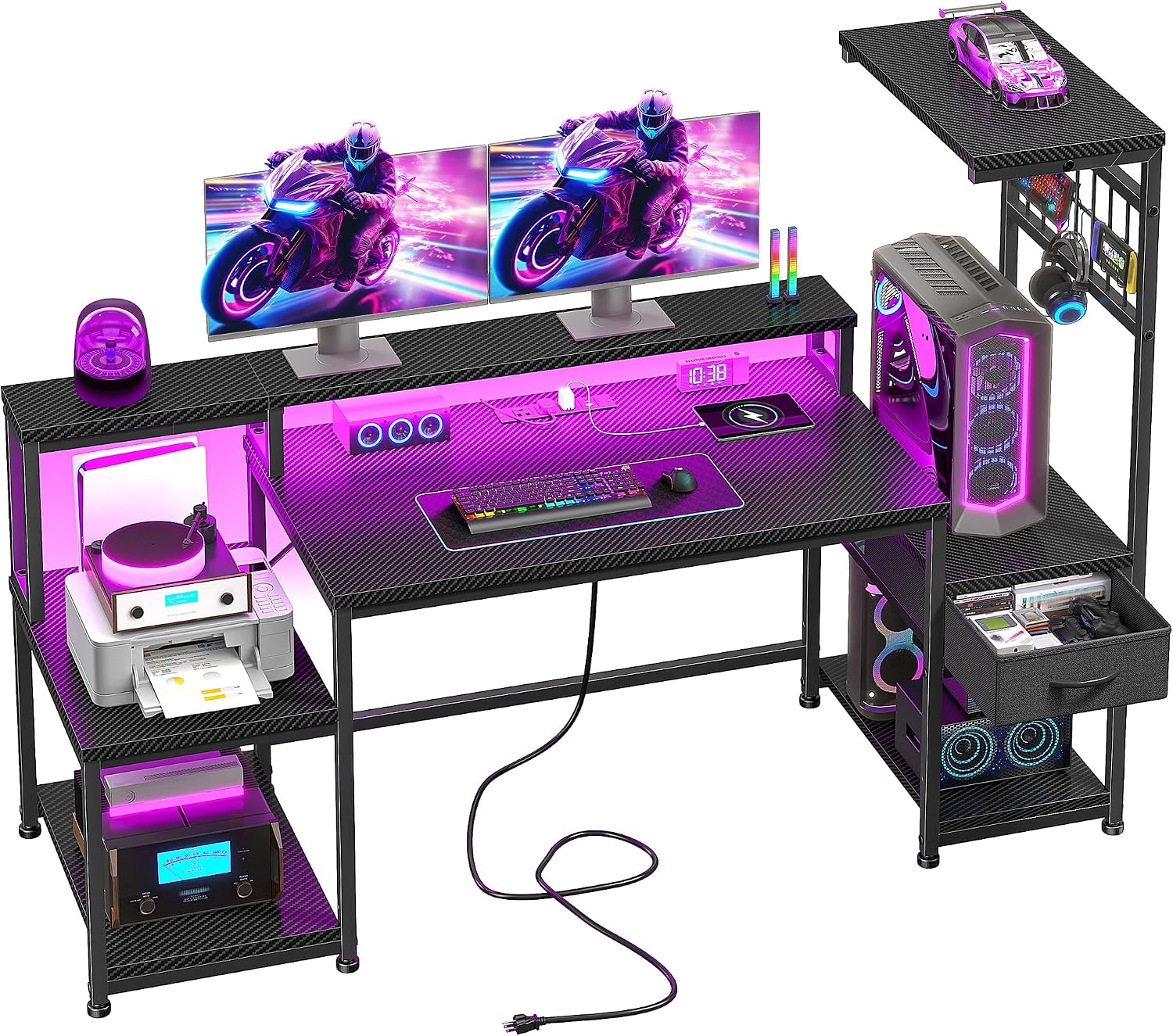 DurayLoly 55' Gaming Desk with LED Lights & Outlets,Computer Desk with Drawers & Monitor Stand,Gaming Table with 3 Storage Shelves, Hooks& Printer Space for Game&Study Room,Home Office,Bedroom,Black