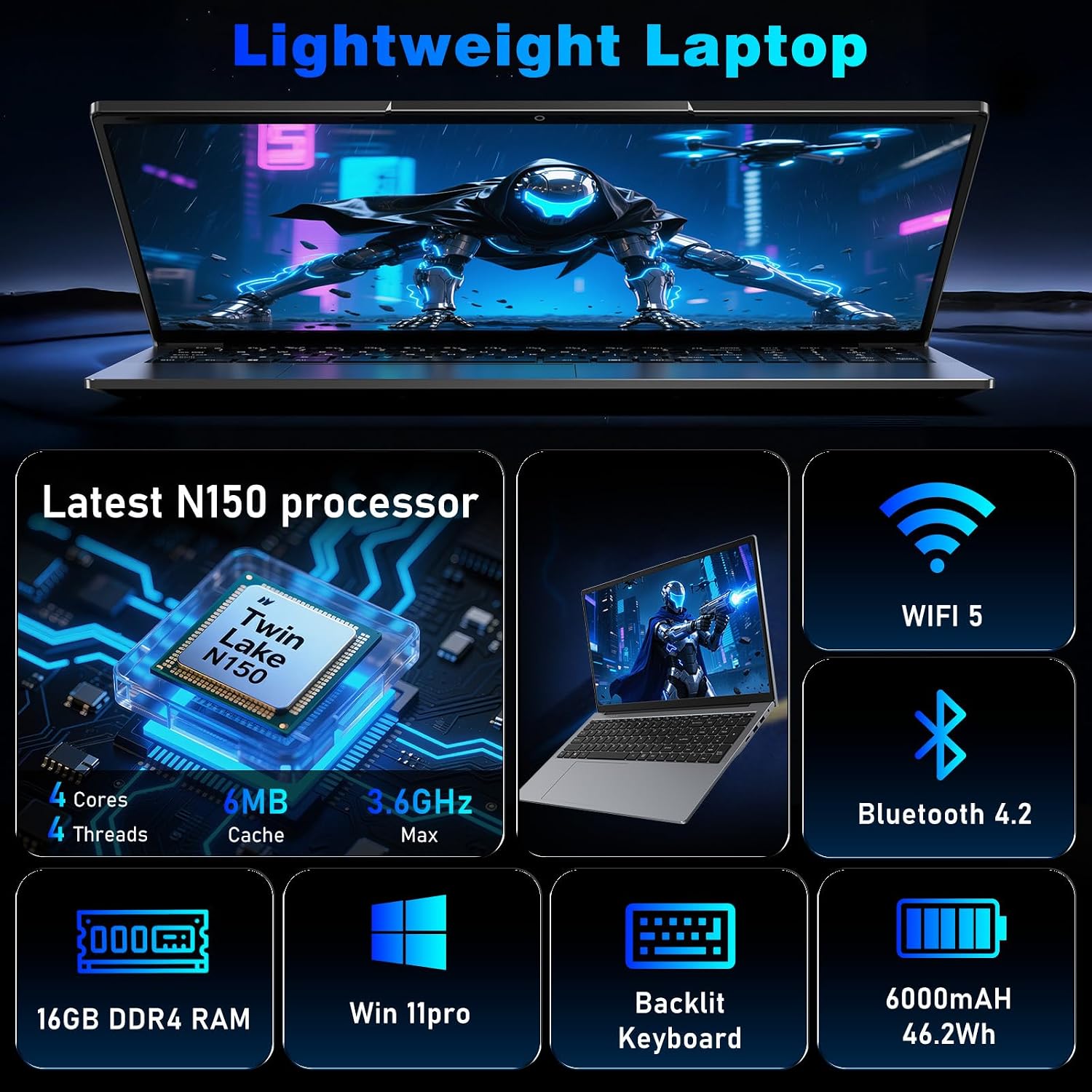Gaming Laptop Computer, 17.3 Inch Lap Top PC Windows 11 Pro 2026, N150 (Up to 3.6GHz), 16GB RAM 1TB SSD, Integrated Graphics (1GHz), 1920x1080 Display, 46.2Wh, WiFi 5 /BT4.2, Backlit Keyboard