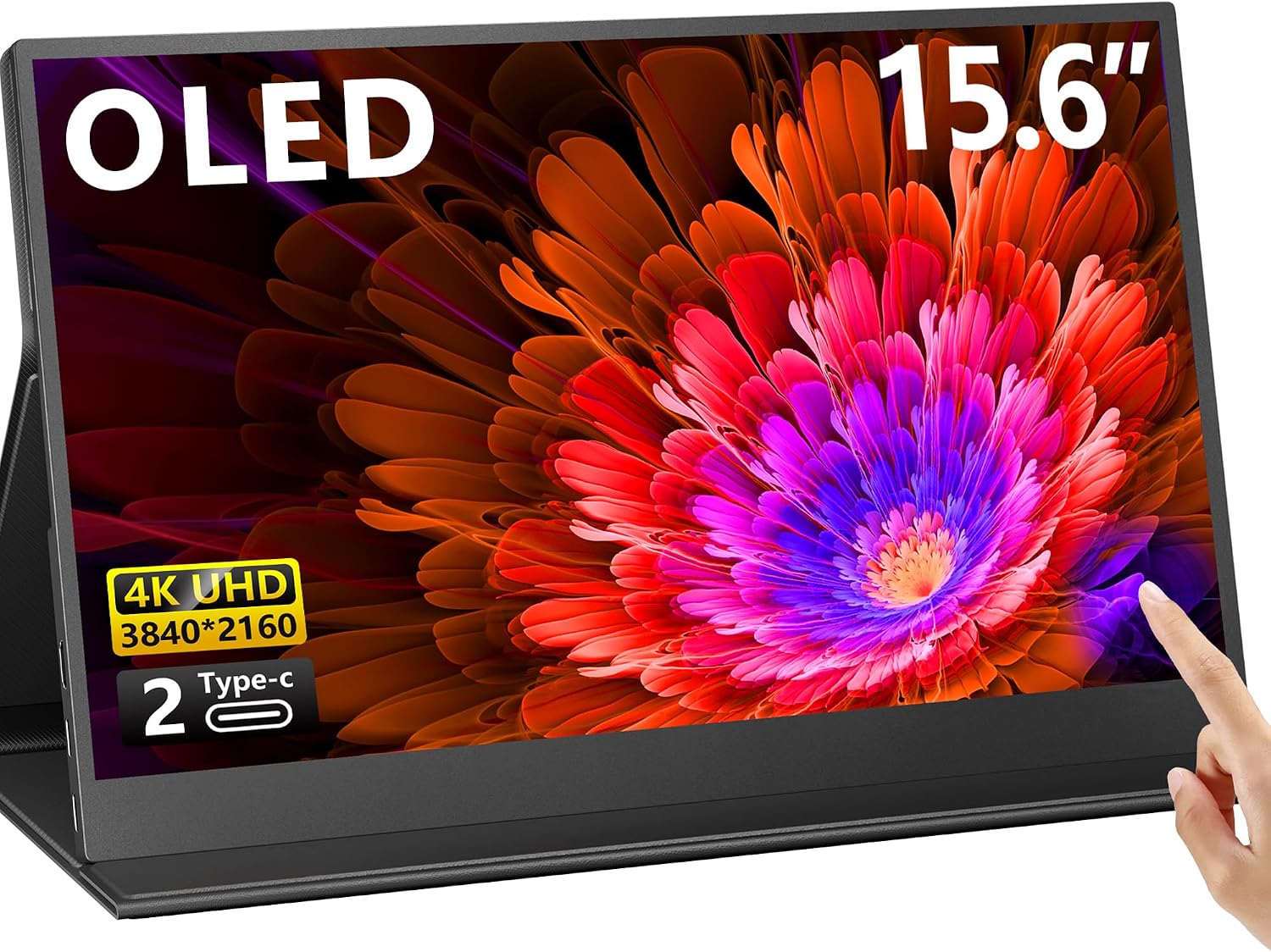 OLED Touch Portable Monitor, 15.6' 4K 60Hz IPS Laptop Monitor, Second Screen Dual USB C HDMI Computer Gaming Display with Speakers & Smart Cover, Travel Display for PC Phone PS4/5 Xbox Switch