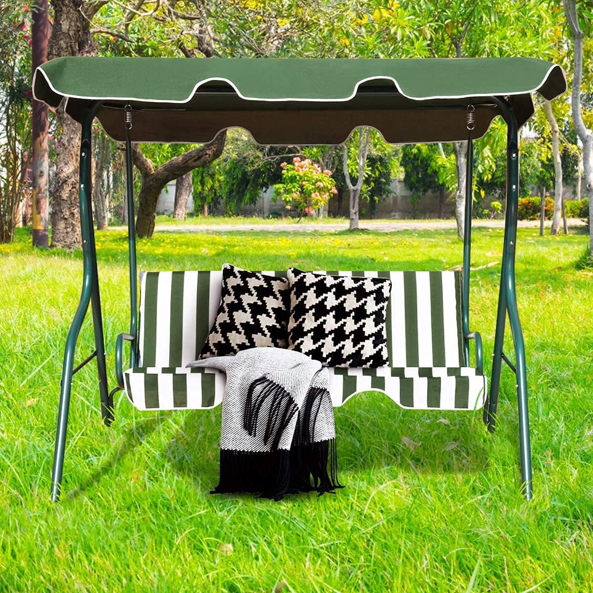 3-Seater Canopy Swing Chair, Waterproof Outdoor Swing Cushioned Seat with Adjustable & Removable Canopy, Steel Frame Polyester Fabric Oxford Cloth Patio Hammock Cover Top (Green)