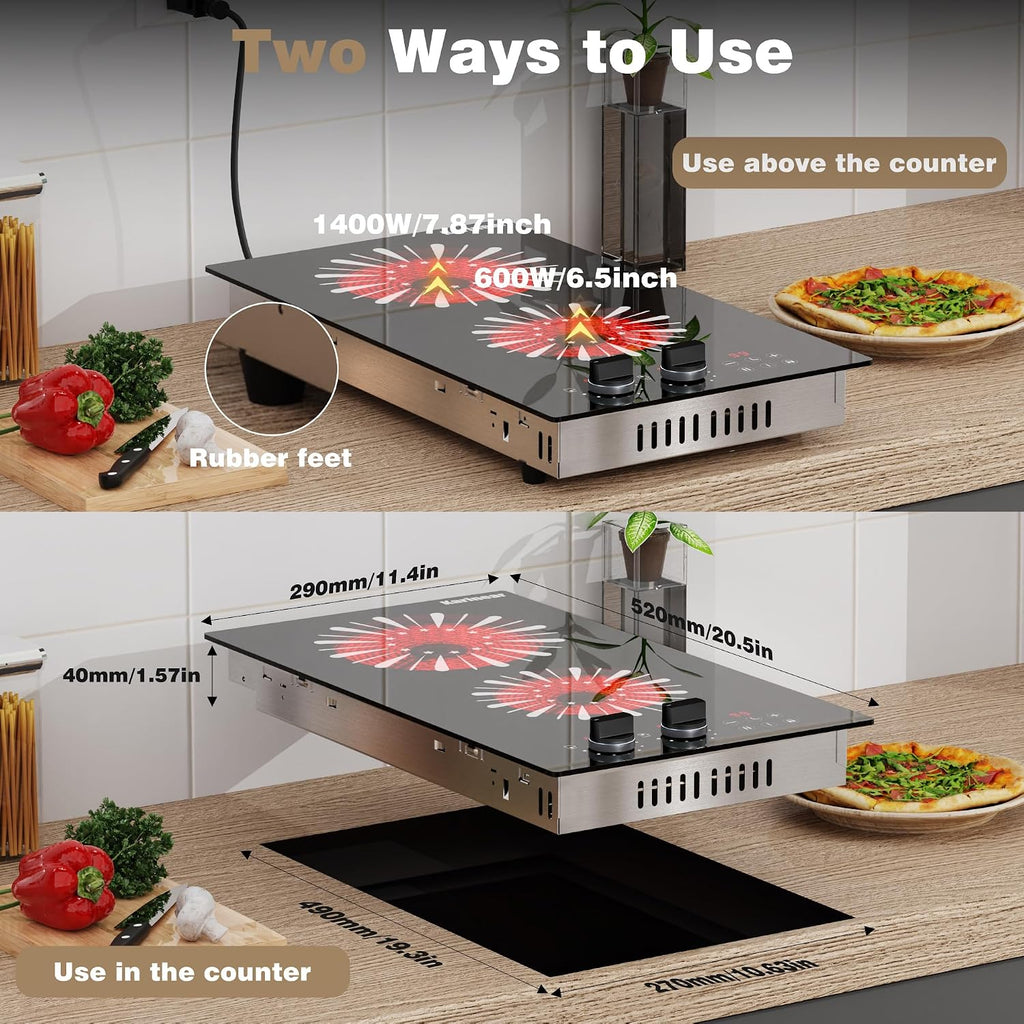 Karinear 110V Electric Cooktop 2 Burners, 12 Inch Electric Stove with Plug in, Countertop & Built-in Ceramic Stove Top, Knob and Sensor Touch Control, Multifunctional Radiant Stove(Black)