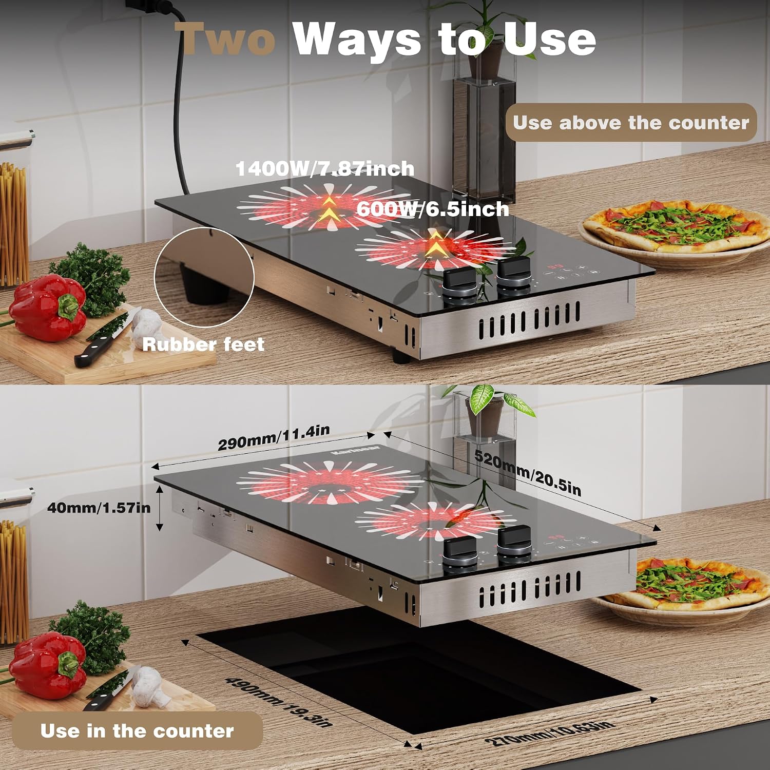 Karinear 110V Electric Cooktop 2 Burners, 12 Inch Electric Stove with Plug in, Countertop & Built-in Ceramic Stove Top, Knob and Sensor Touch Control, Multifunctional Radiant Stove(Black)