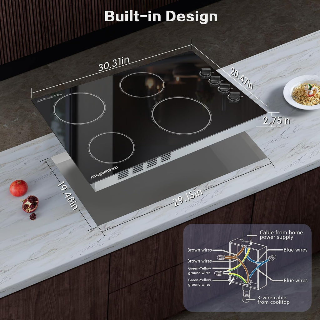 Electric Cooktop 30 Inch - 4 Burners Built-in Ceramic Cooktop, 30' Radiant Electric Stove Top with Knob Control, Hot Surface Indicator, 6700W, 220-240V Hard Wire(No Plug)