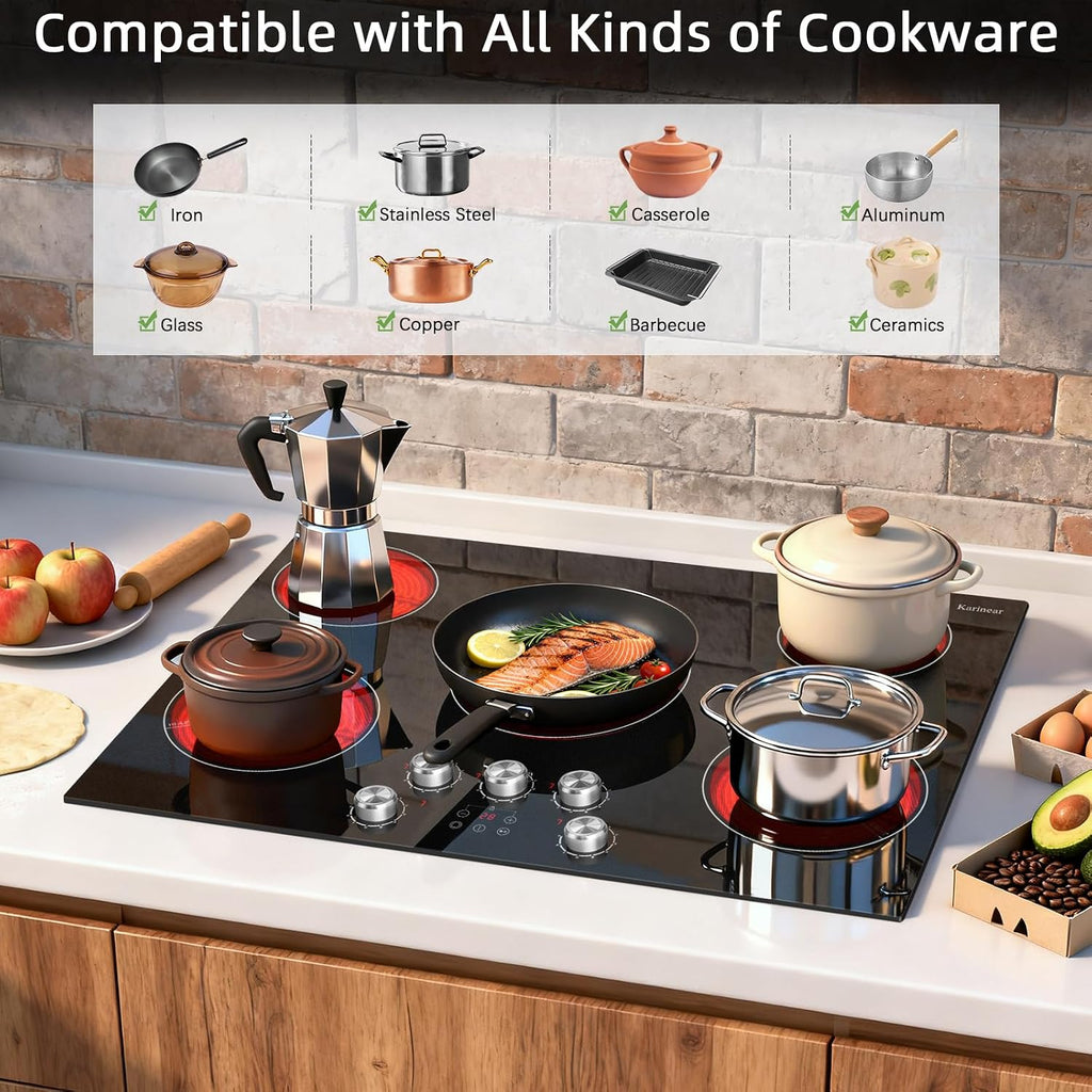 Karinear Electric Cooktop 30 Inch, 5 Burner Radiant Cooktop with Knob & Touch Control, 8500W 240V Built-in Stove Top, 9 Power Levels, Timer, Child Lock, Pause, Residual Heat Indicator(Sliver Knob)