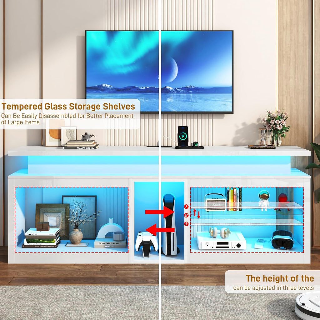 71' LED TV Stand with Power Outlet,60-Colors LED Lights For 65 70 80 in TV,High Gloss Gaming Entertainment Center w/Adjustable Shelves,White TV Console with Modern Design for Living Room Bedroom
